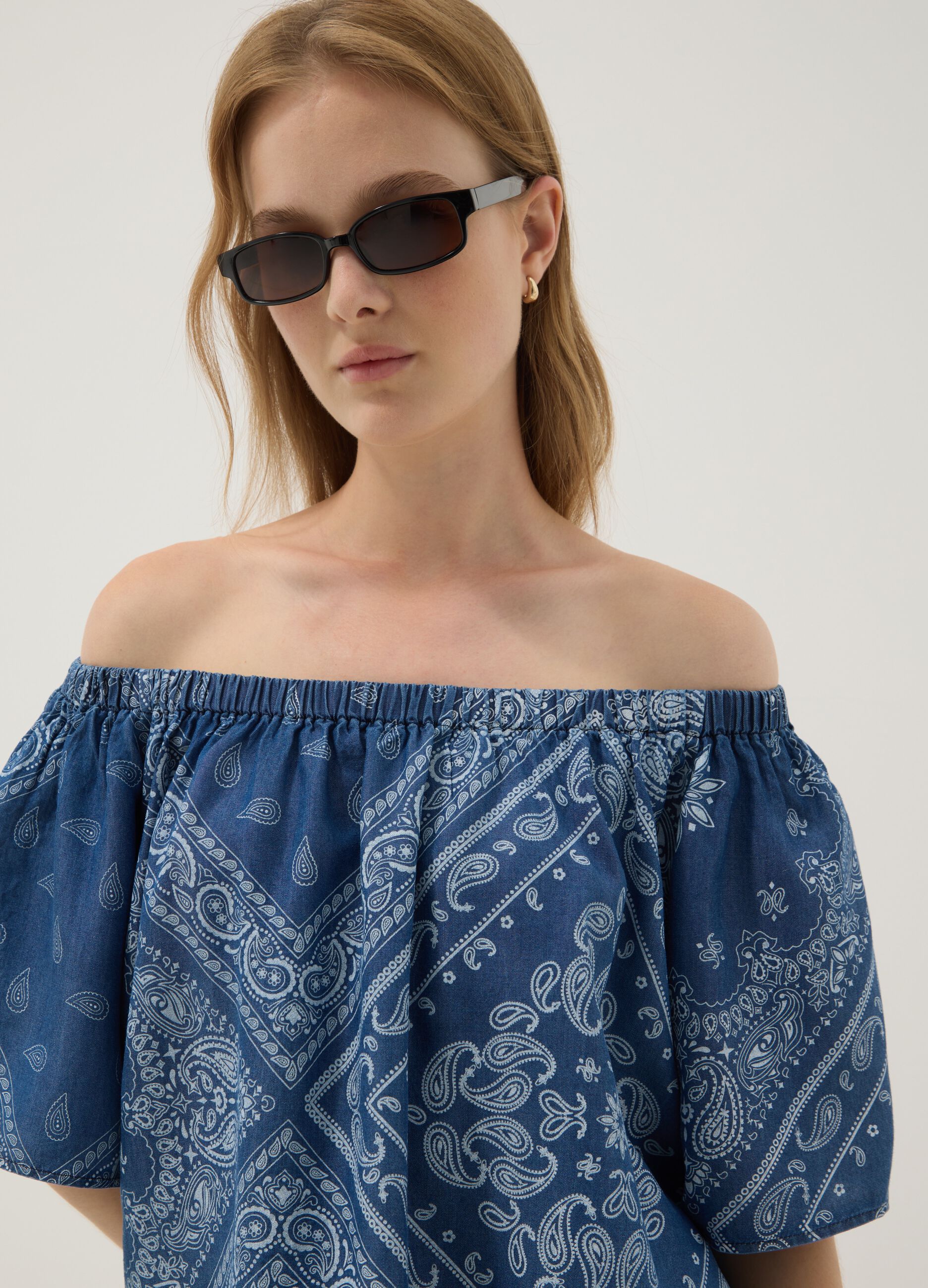 Blue pure lyocell paisley print blouse, regular fit