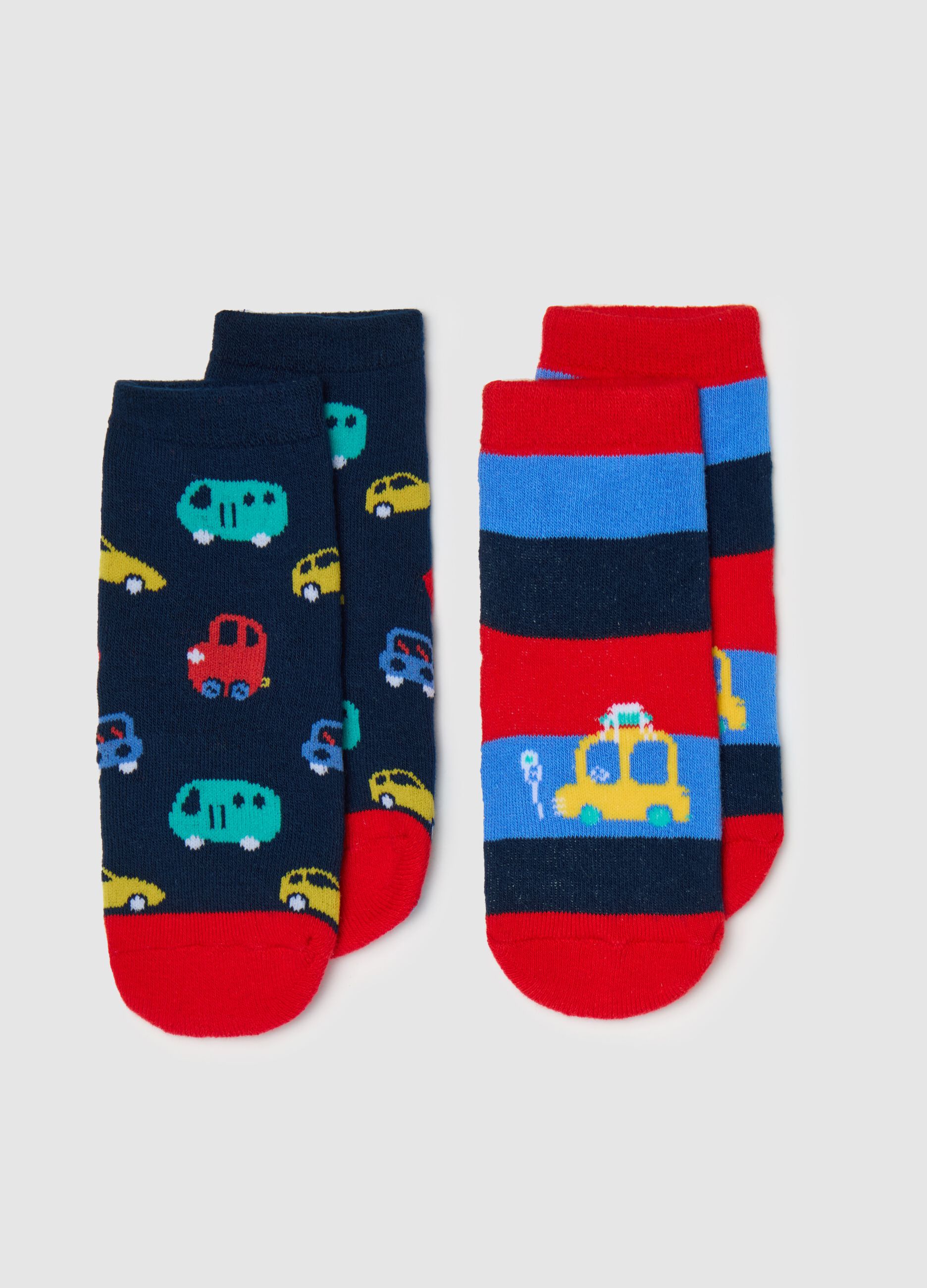 Two-pack slipper socks with stripes and cars