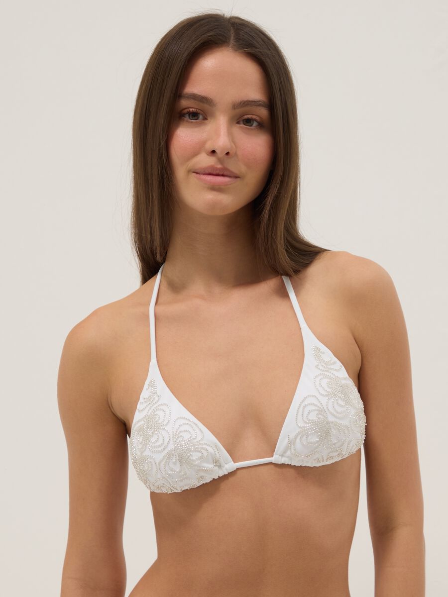 White stretch triangle bikini top with beaded details_0