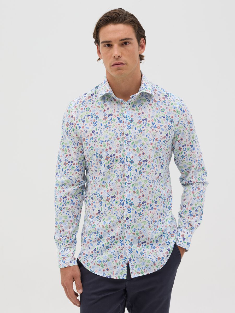 Camicia da uomo in puro cotone multicolor slim fit con fantasia floreale_0