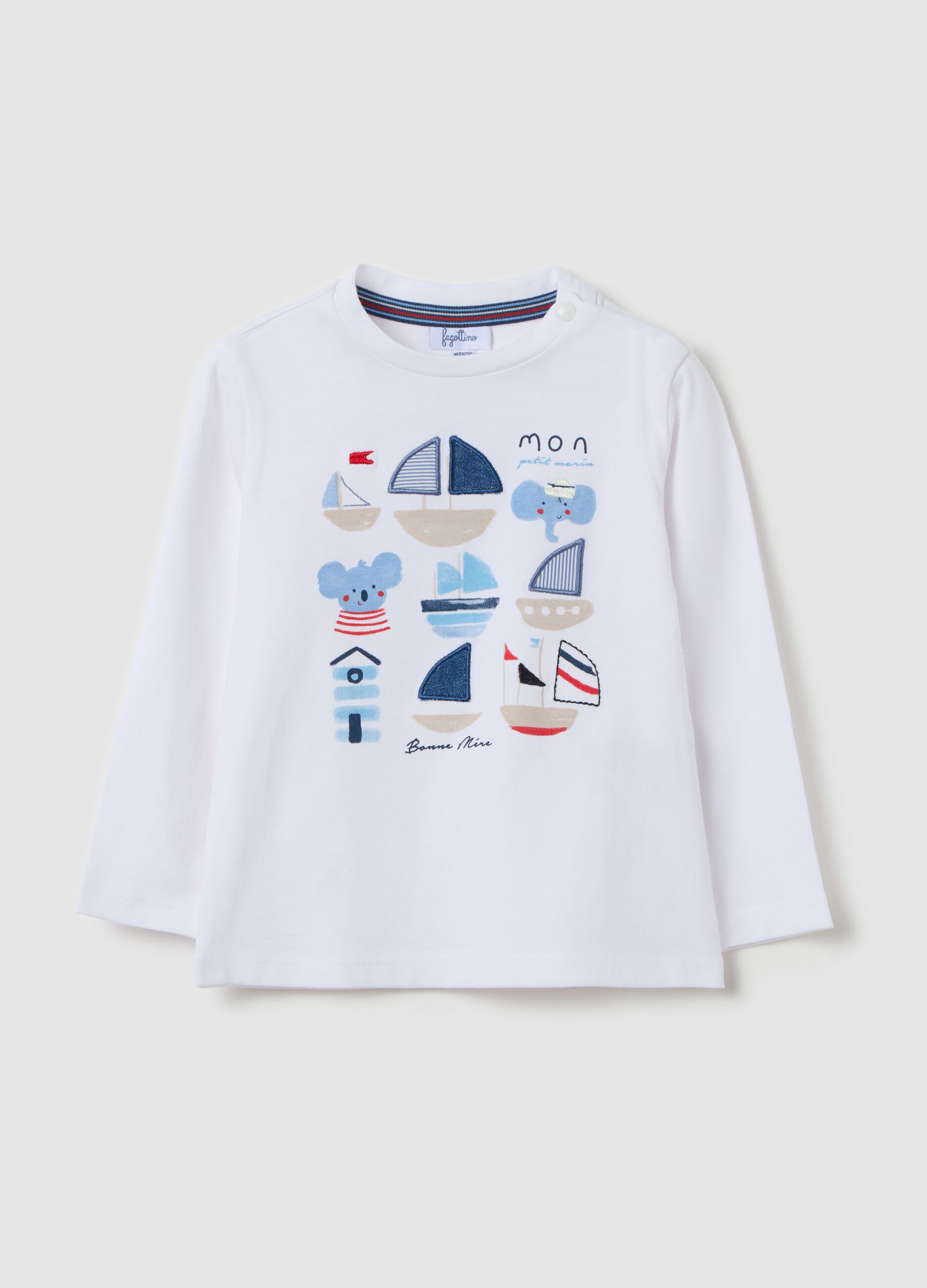 Long-sleeved cotton T-shirt with nautical print