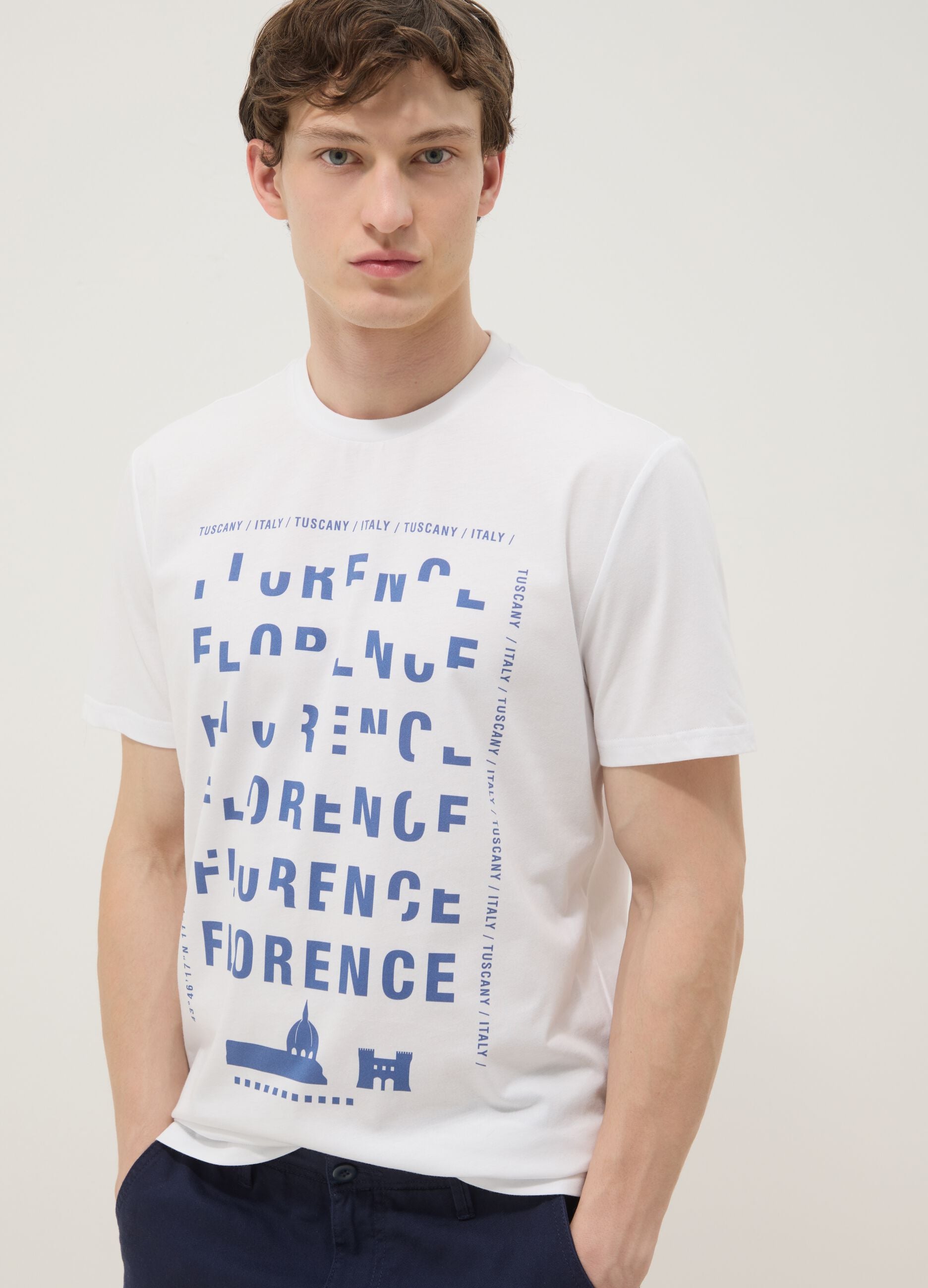 White pure cotton T-shirt with print, regular fit