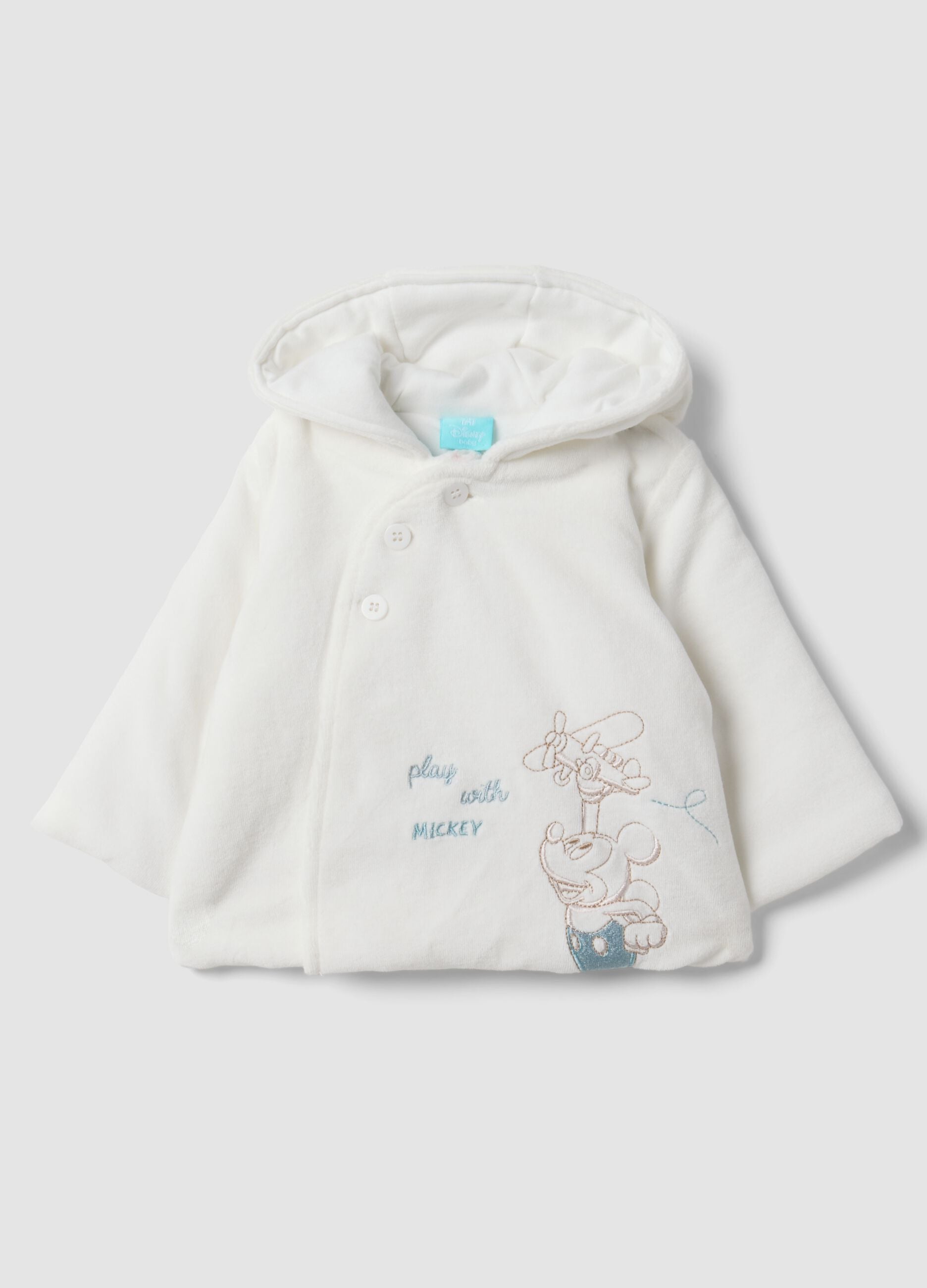 Giacca bianca imbottita in misto cotone organico con ricamo Mickey per neonato