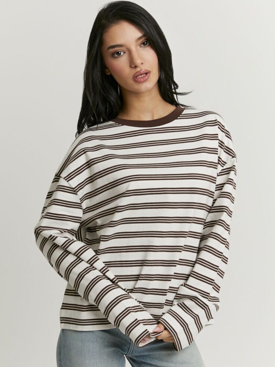 T-shirt bianca a righe marroni in puro cotone regular fit_0