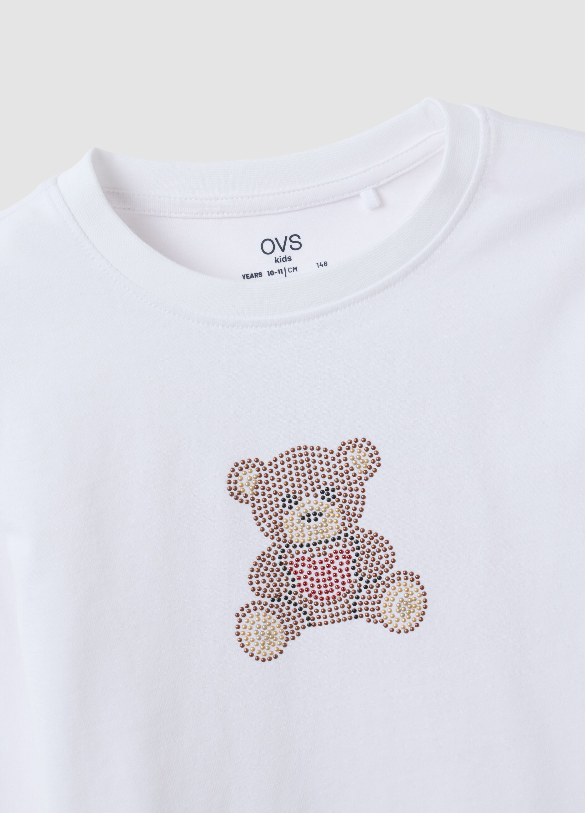 White pure cotton crew-neck T-shirt with teddy bear print for girls