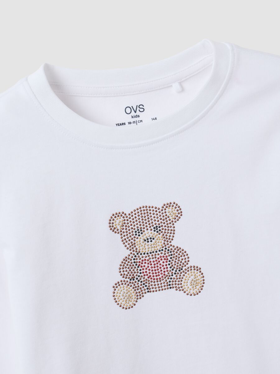 T-shirt bianca in puro cotone con girocollo e stampa orsetto per ragazza_4