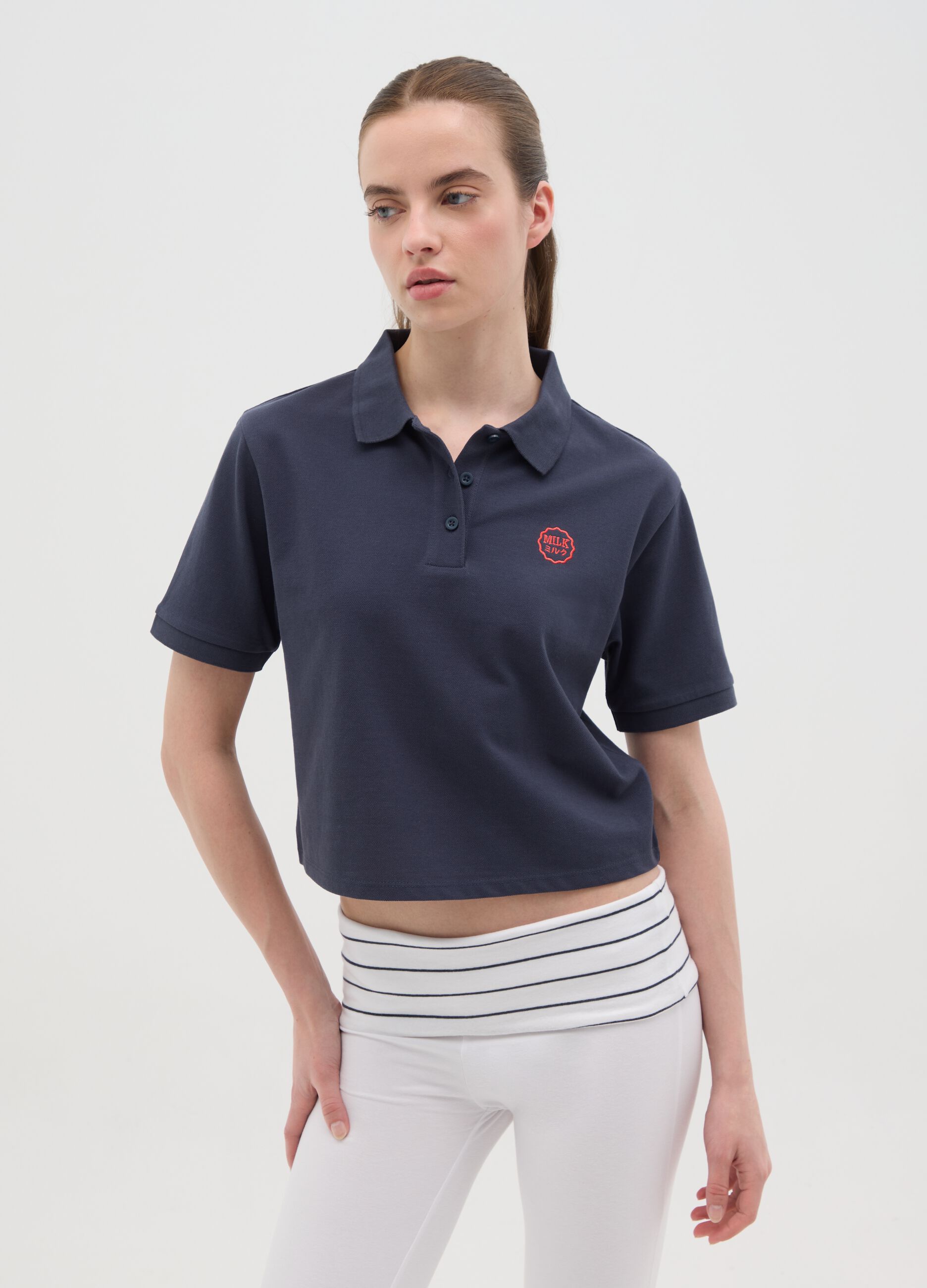 Women's Blue Pure Cotton Polo Shirt Regular Fit with Classic Collar and Embroidered Logo