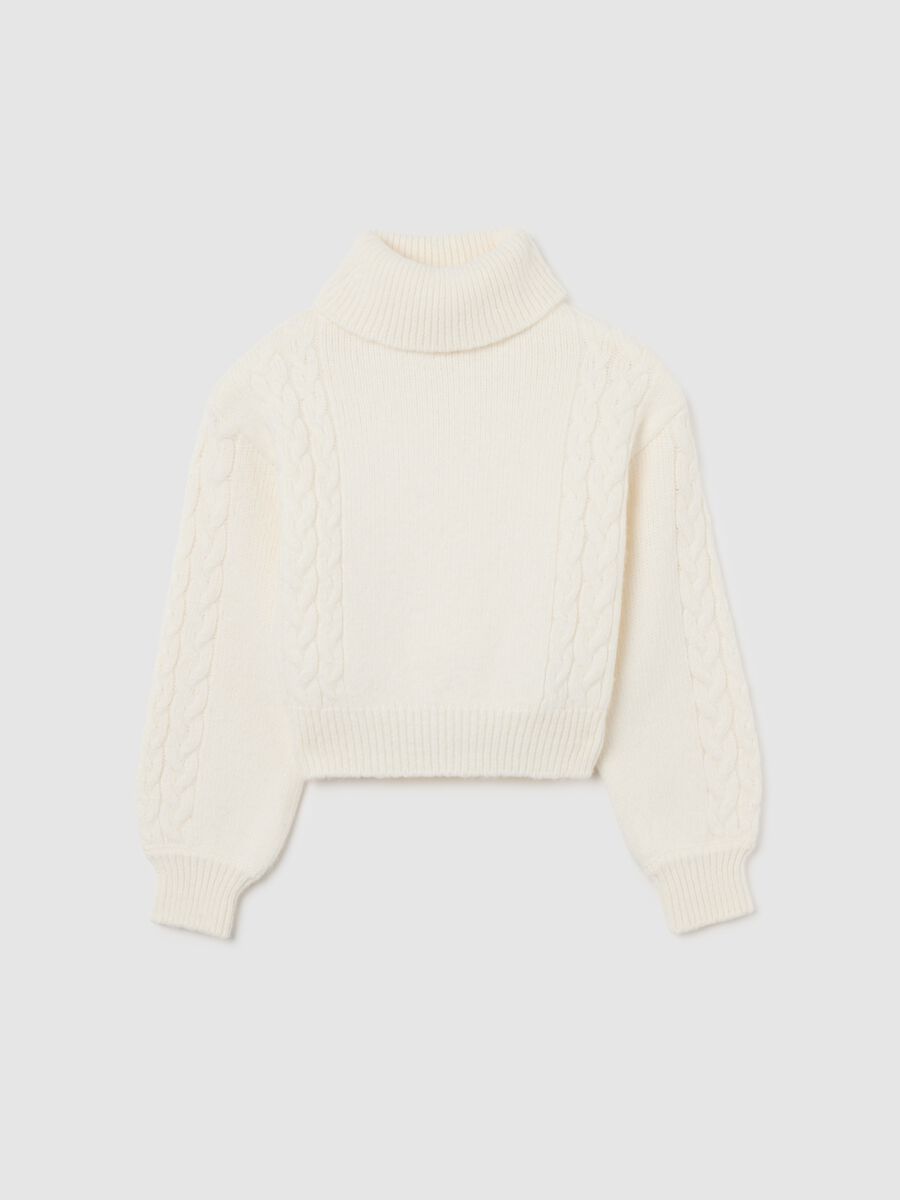 Girls' white turtleneck jumper, regular fit and knitted_0