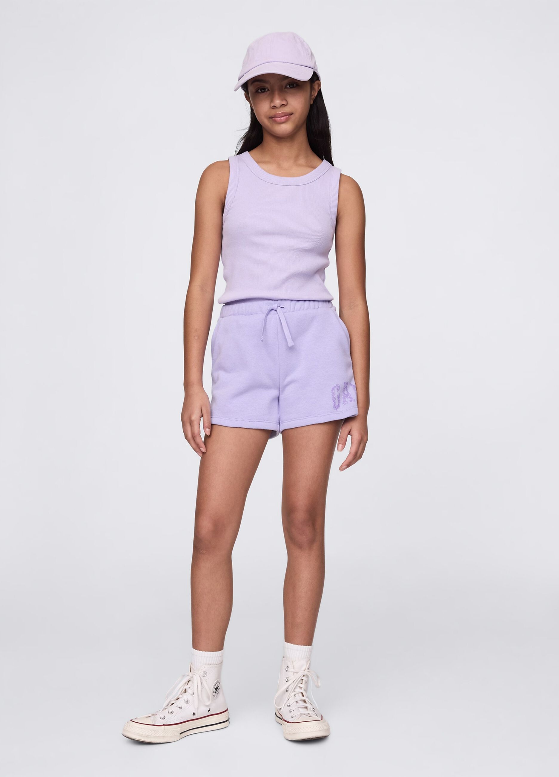 Purple shorts with drawstring and logo print