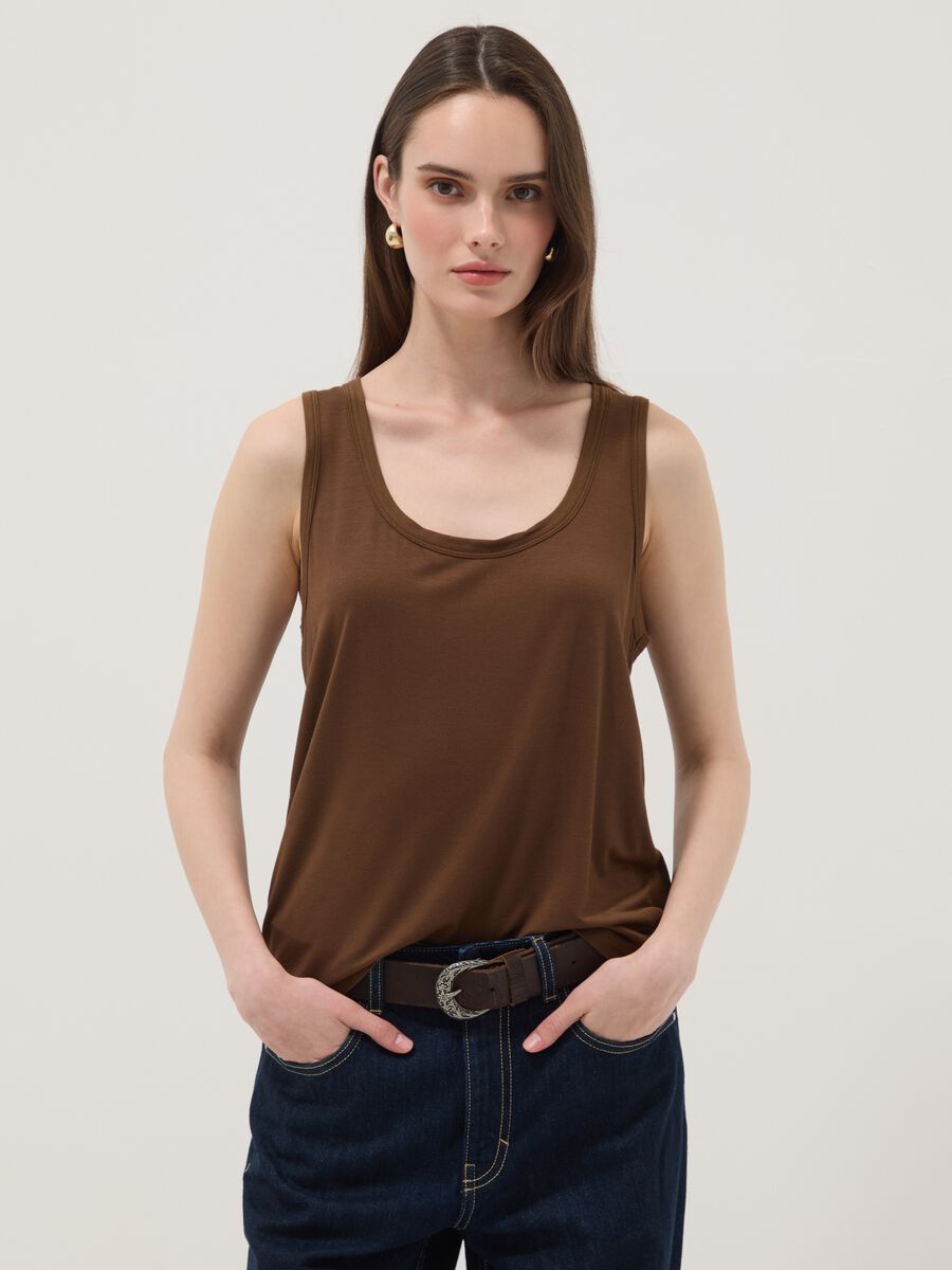 Brown stretch viscose tank top, regular fit_3