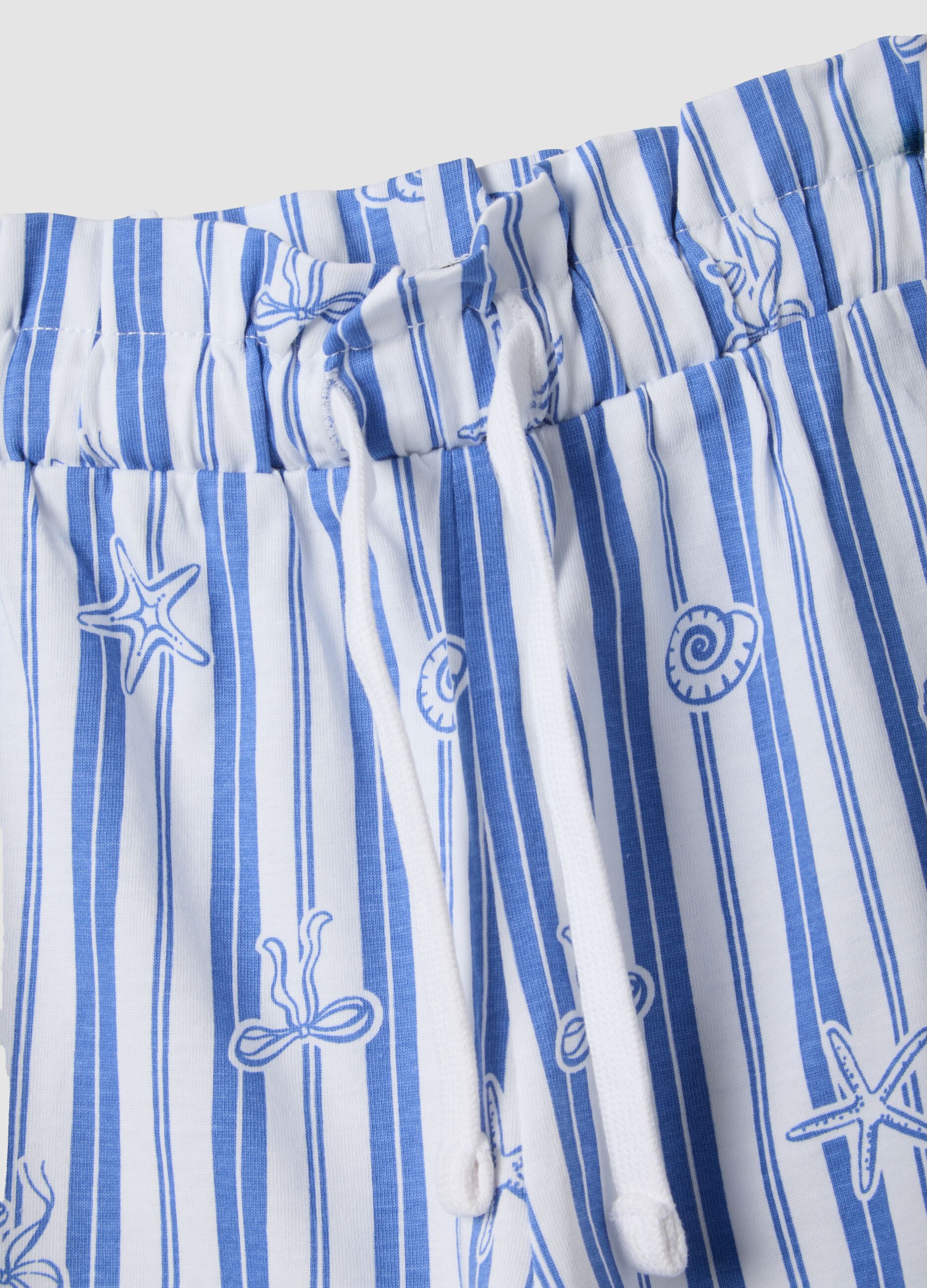 Girls&rsquo; pure cotton shorts with white and light blue stripes and prints