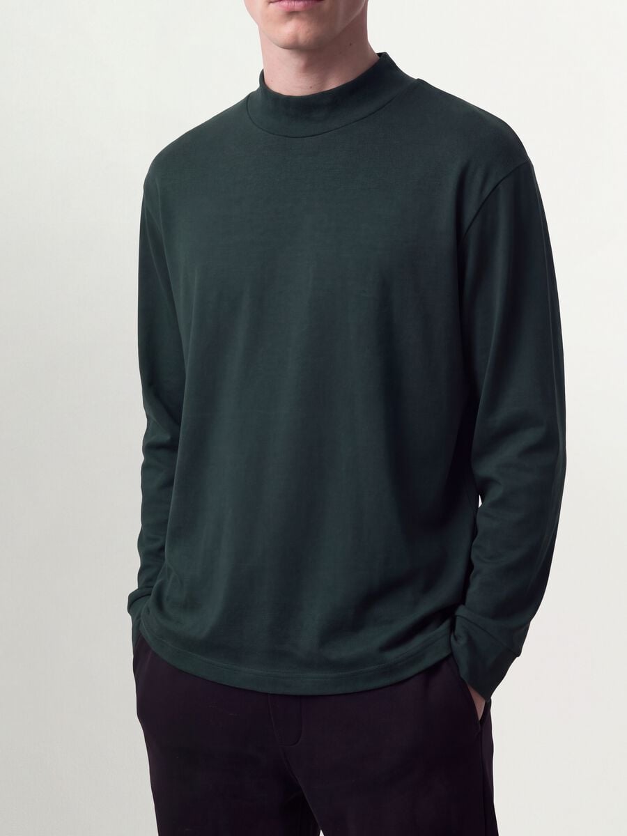 Green pure cotton T-shirt with structured stand-up collar, regular fit_2