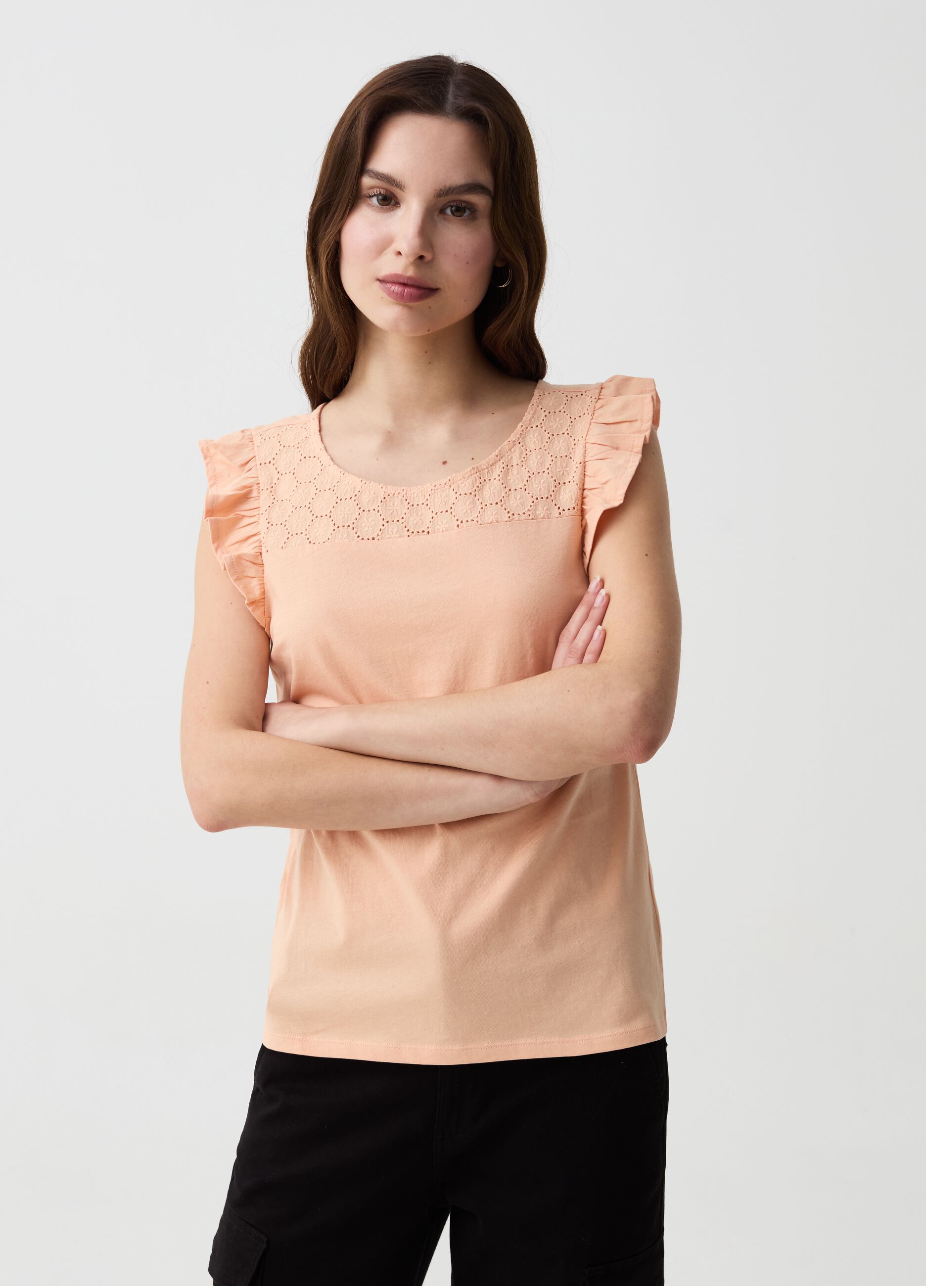 T-shirt with broderie anglaise insert and flounce