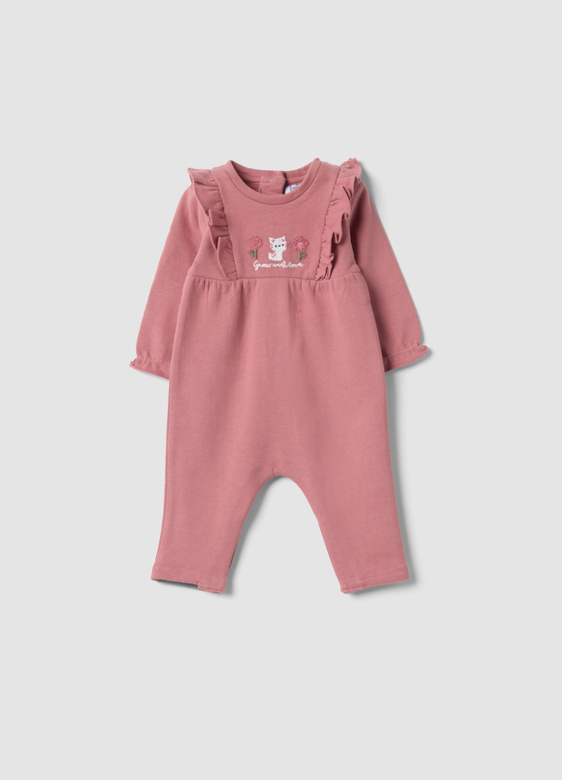 Pink organic cotton sleepsuit with ruffles and chest embroidery