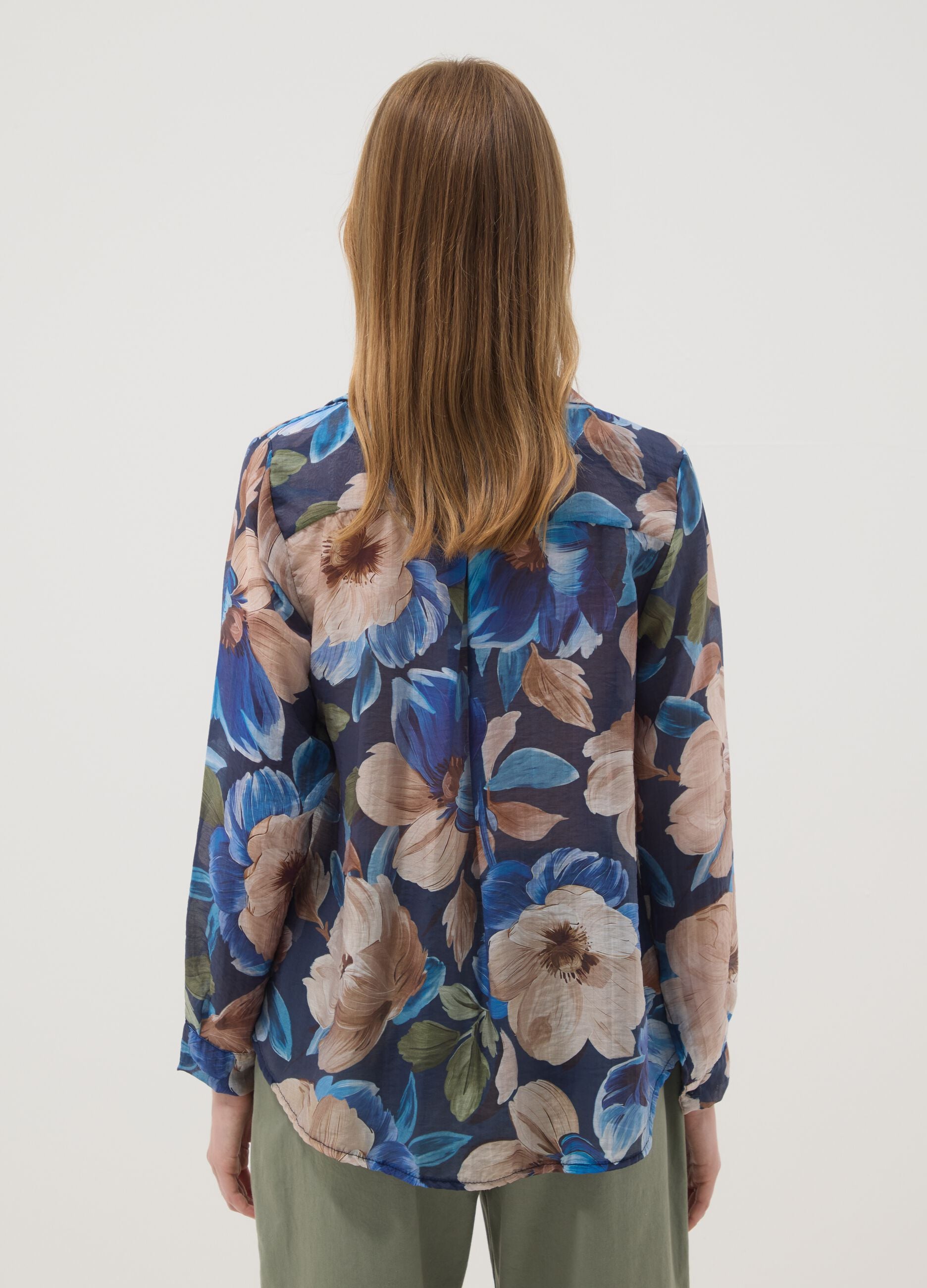 Blue lyocell-blend shirt with floral print