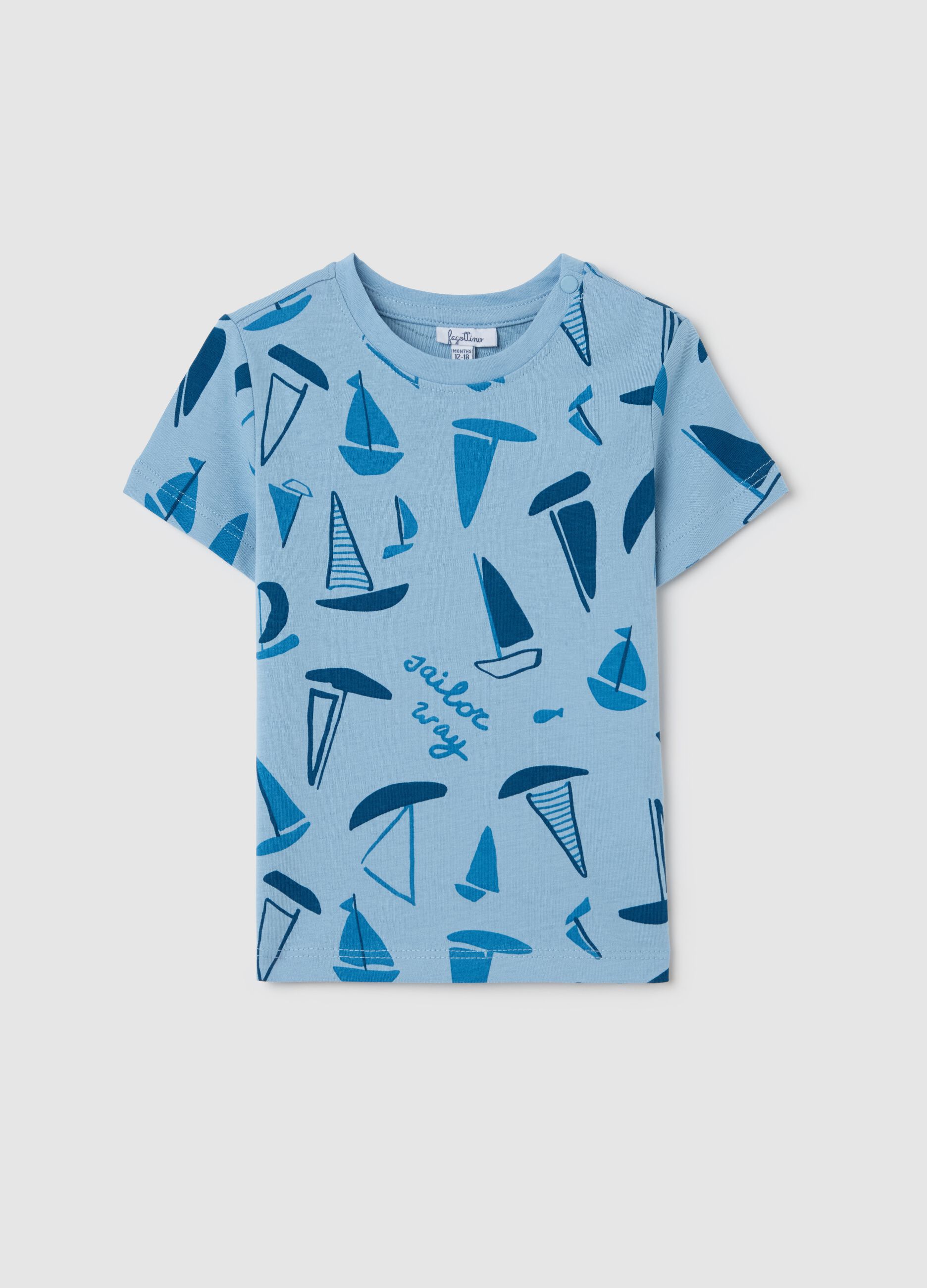 Light blue cotton T-shirt with sailing boats print