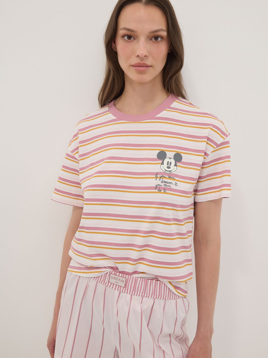 White striped organic cotton pyjama T-shirt with Mickey Mouse print_0