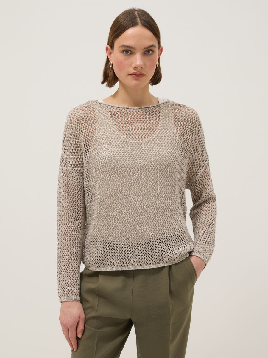 Maglione in misto viscosa beige regular fit con lavorazione a maglia_0