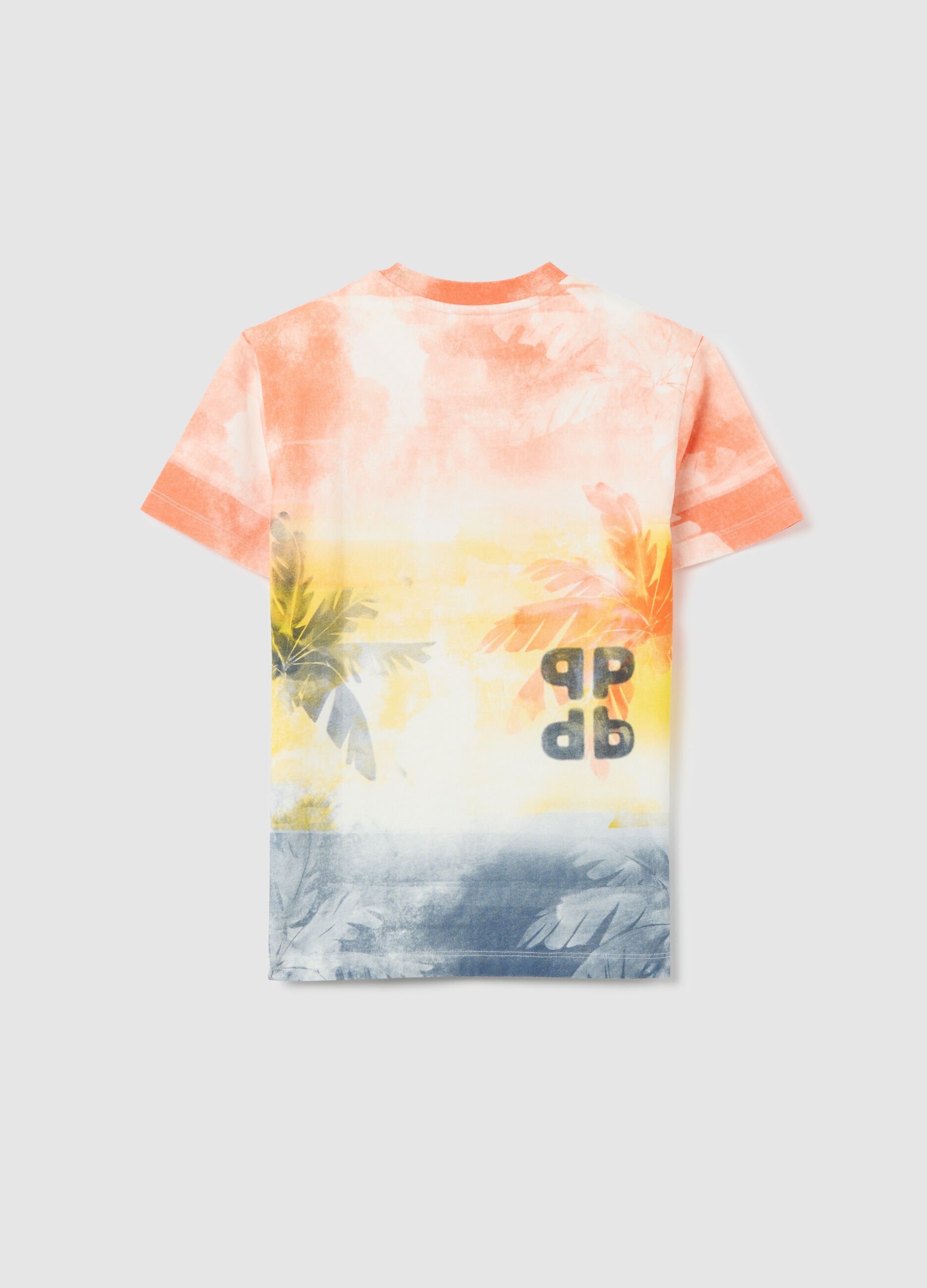 Yellow and orange dip-dye T-shirt with logo and palms print
