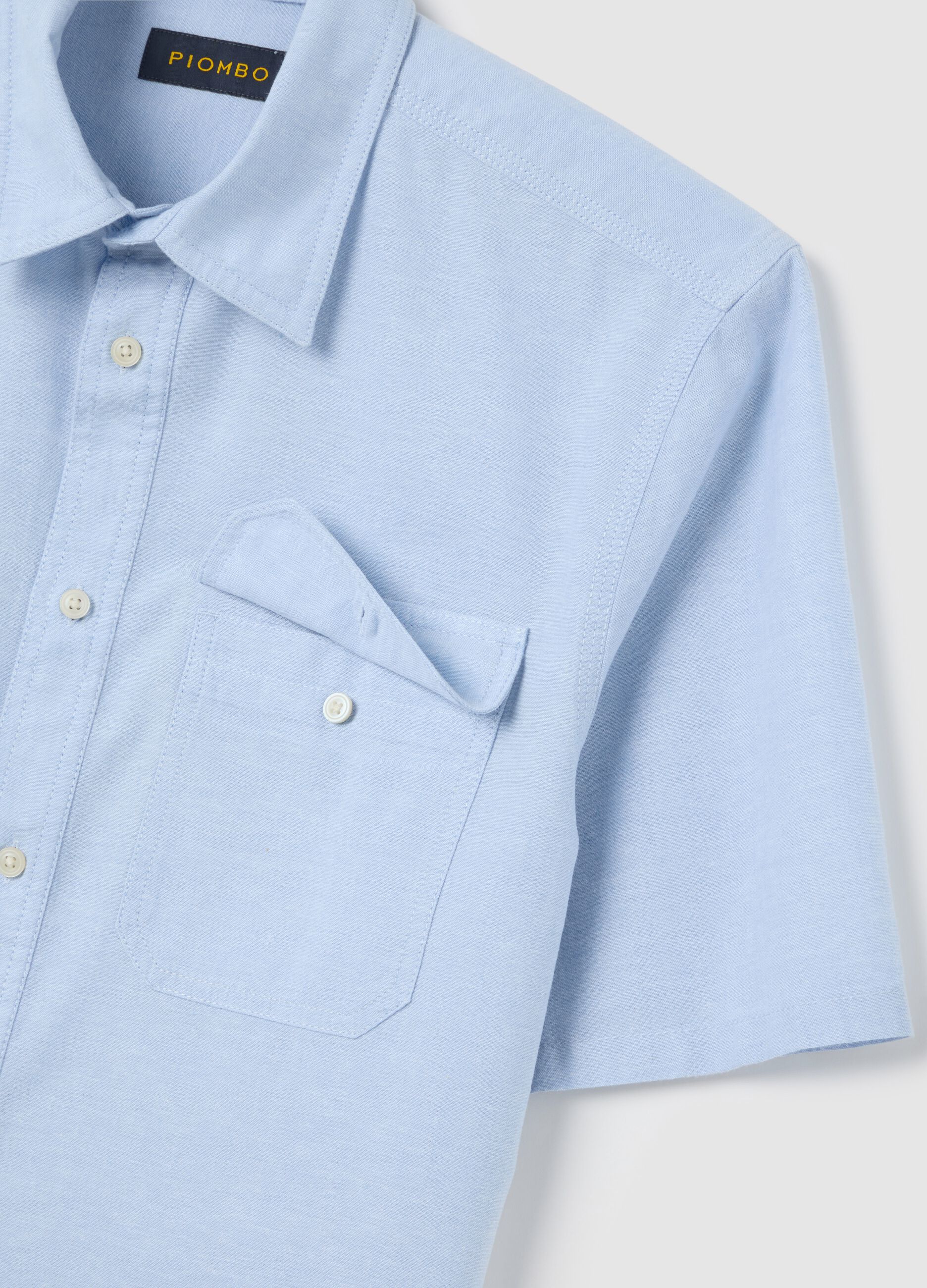Short-Sleeved Blue Shirt in Cotton and Linen