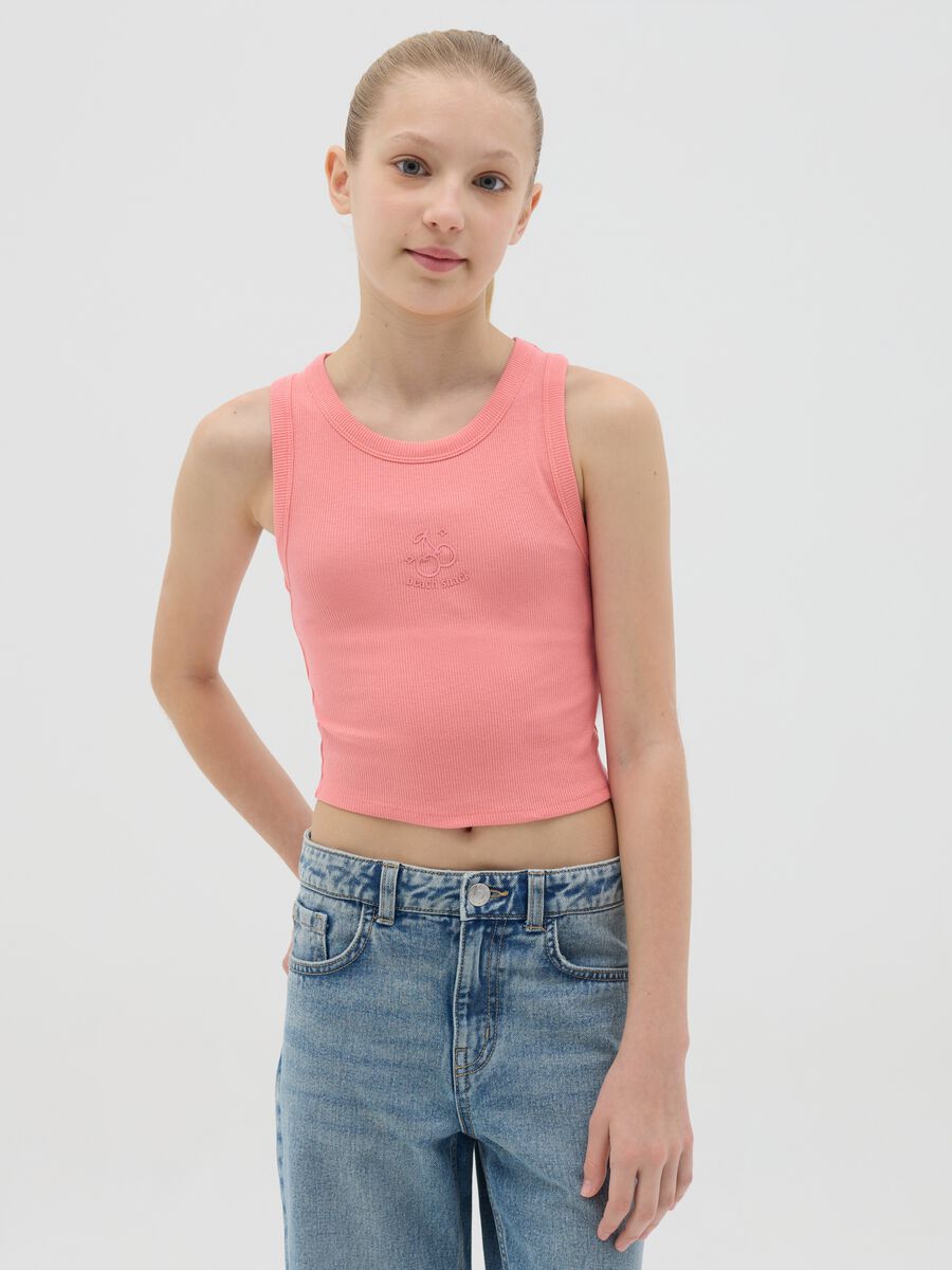 Tank top rosa in cotone stretch a costine con stampa_0