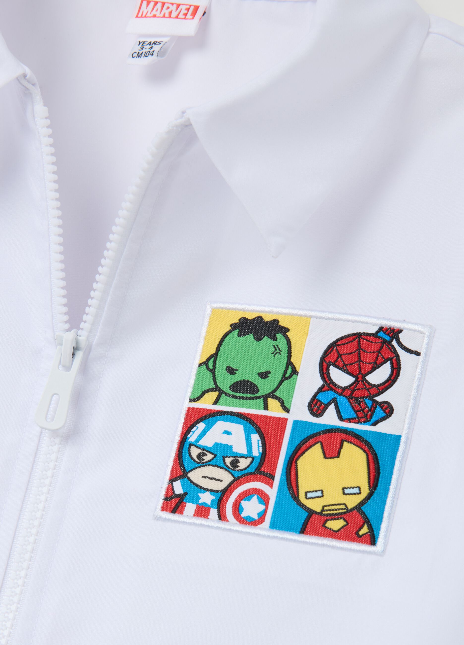 Kids school lab coat in white cotton blend with Avengers print