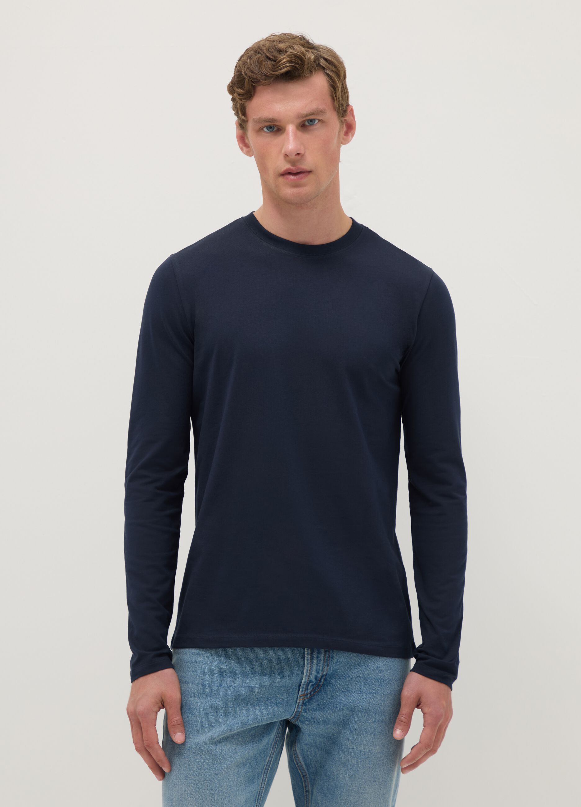 Regular Fit Long-Sleeve Stretch Cotton Blue T-shirt
