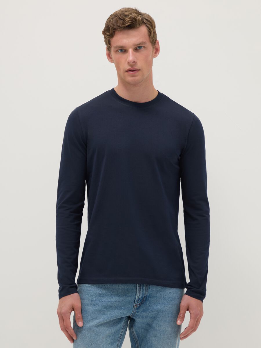 Regular Fit Long-Sleeve Stretch Cotton Blue T-shirt_0