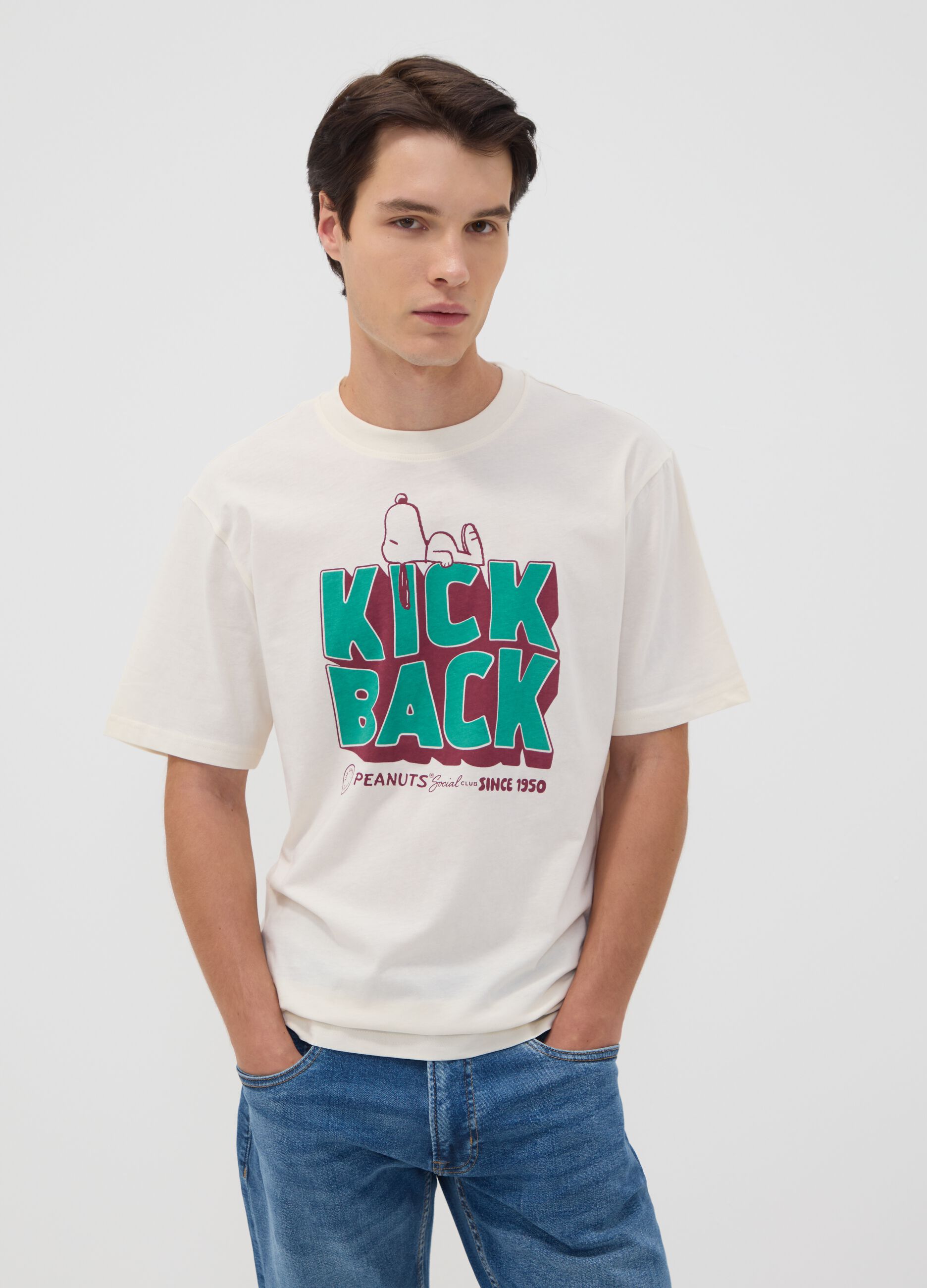 White pure cotton Peanuts print T-shirt, relaxed fit