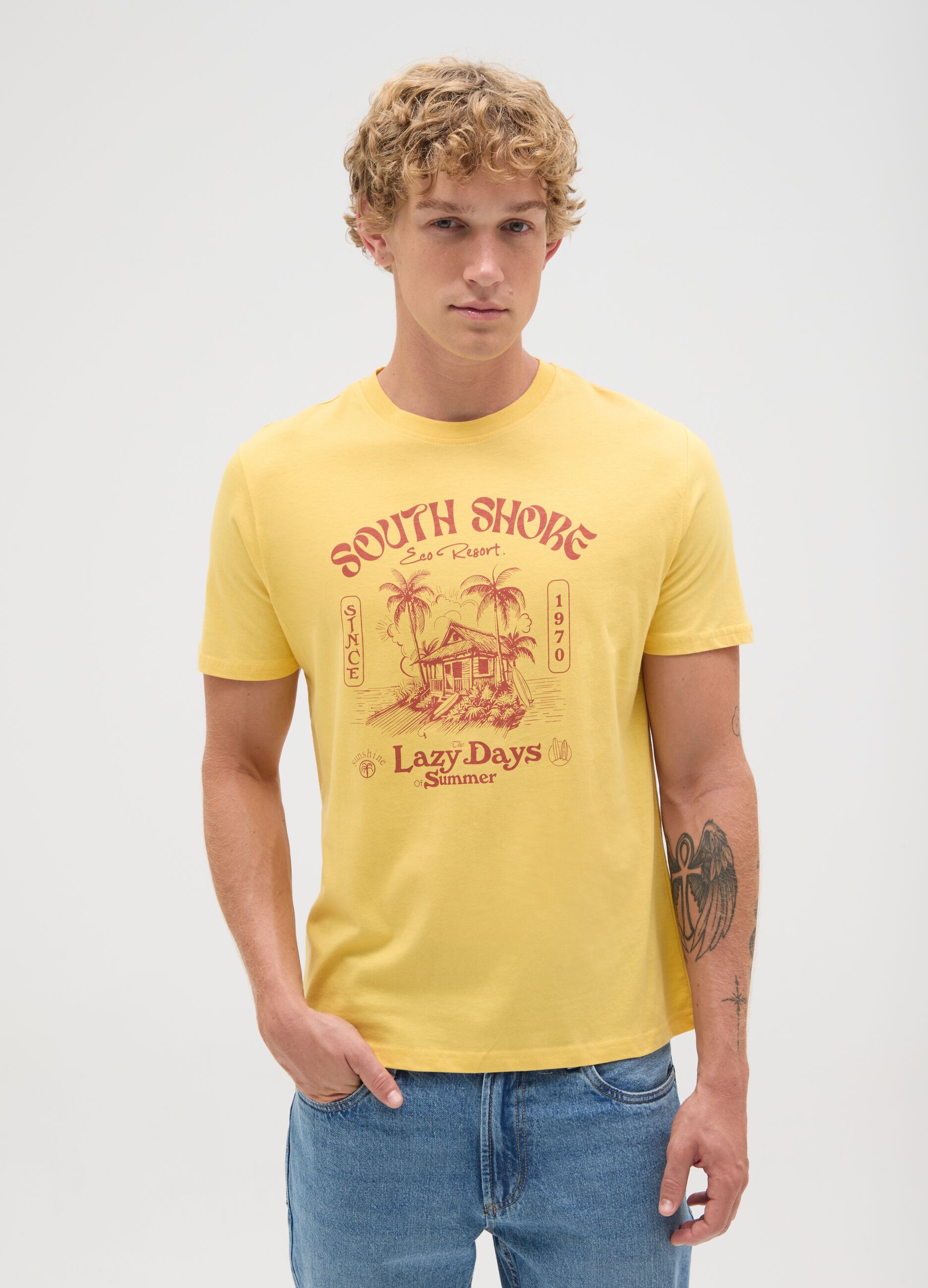 Men's yellow pure cotton regular fit T-shirt
