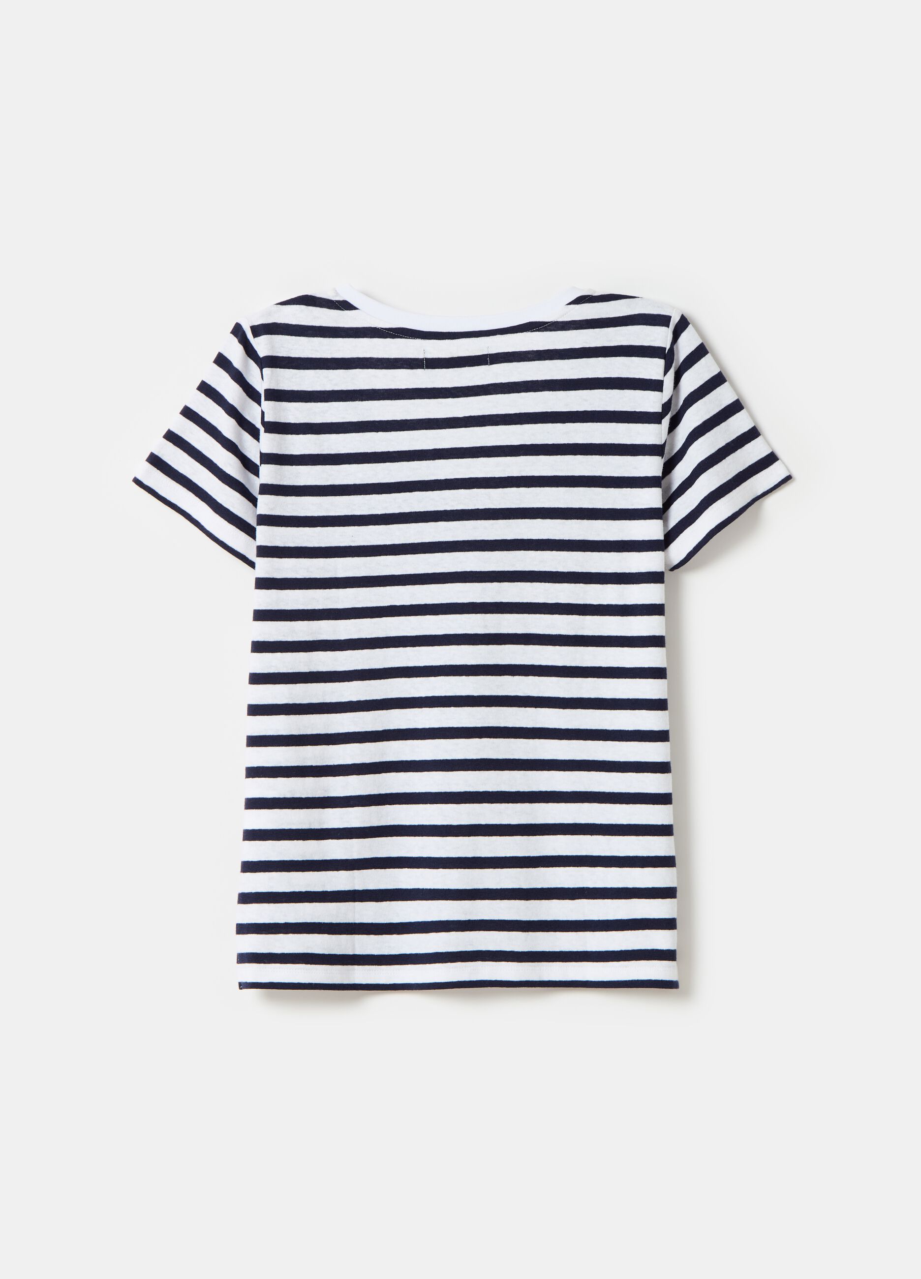 Striped linen and cotton T-shirt with V neck