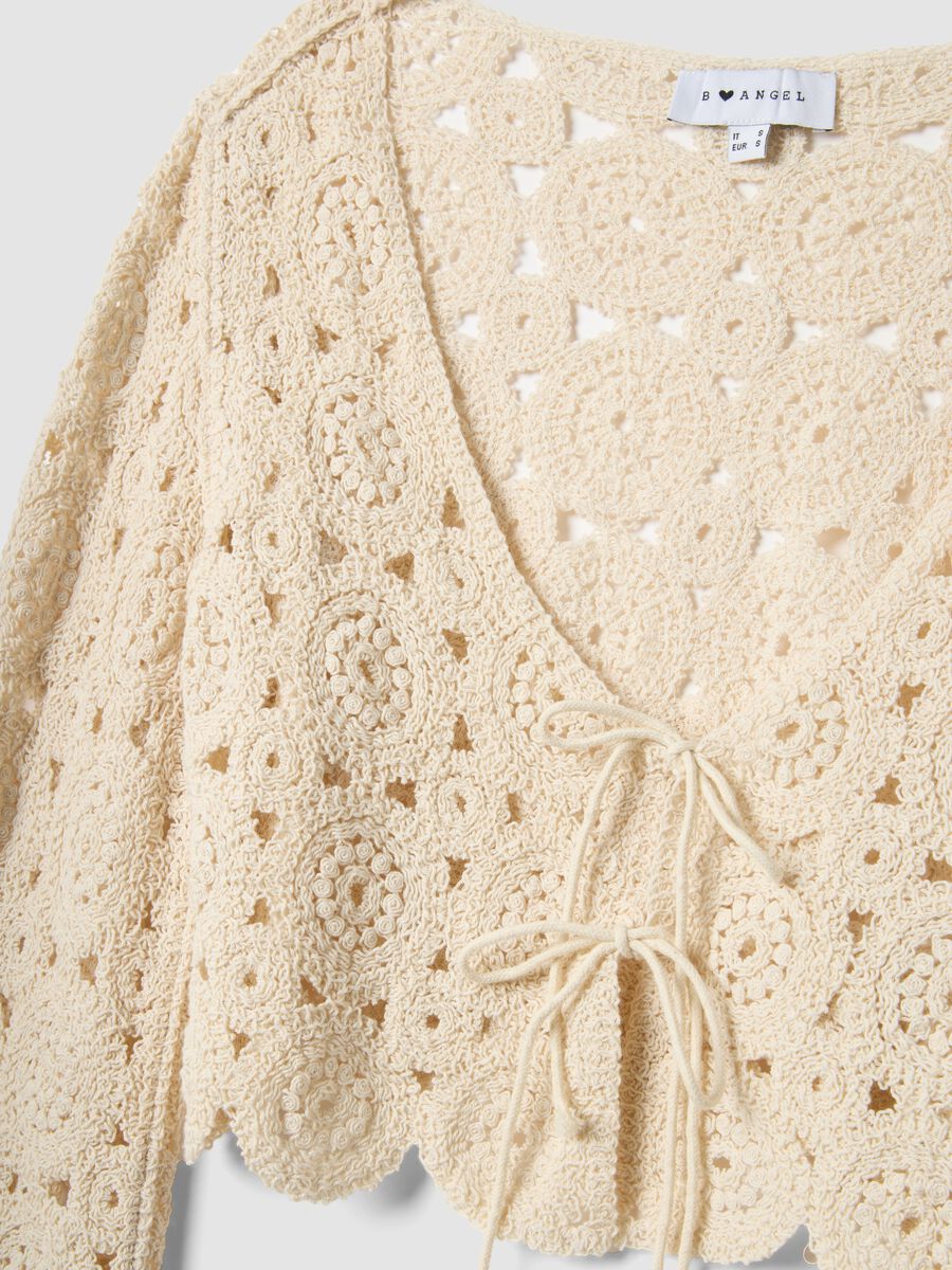Beige cotton-blend regular-fit cardigan with openwork design_5