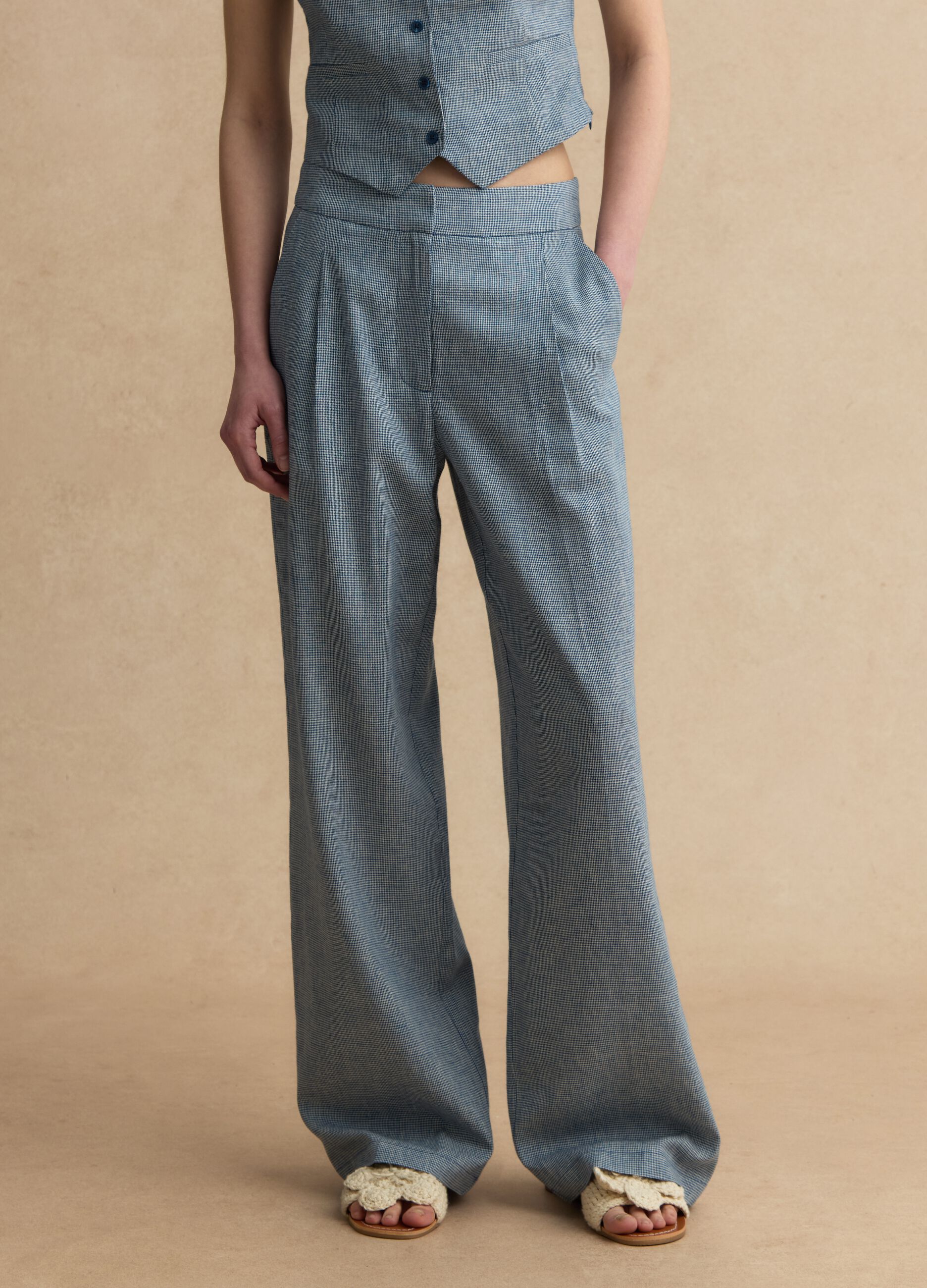 Linen-blend wide-leg trousers with blue and white micro-checks