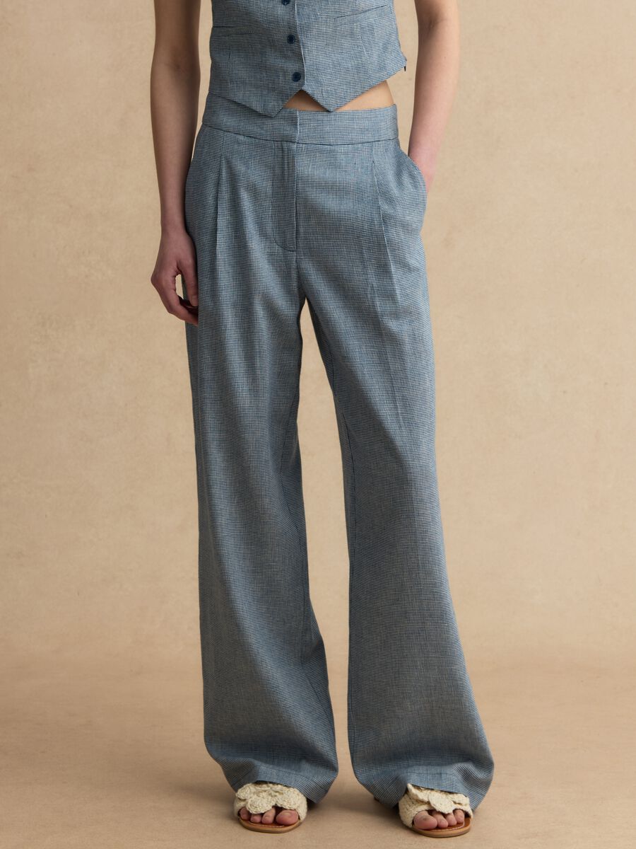 Linen-blend wide-leg trousers with blue and white micro-checks_1