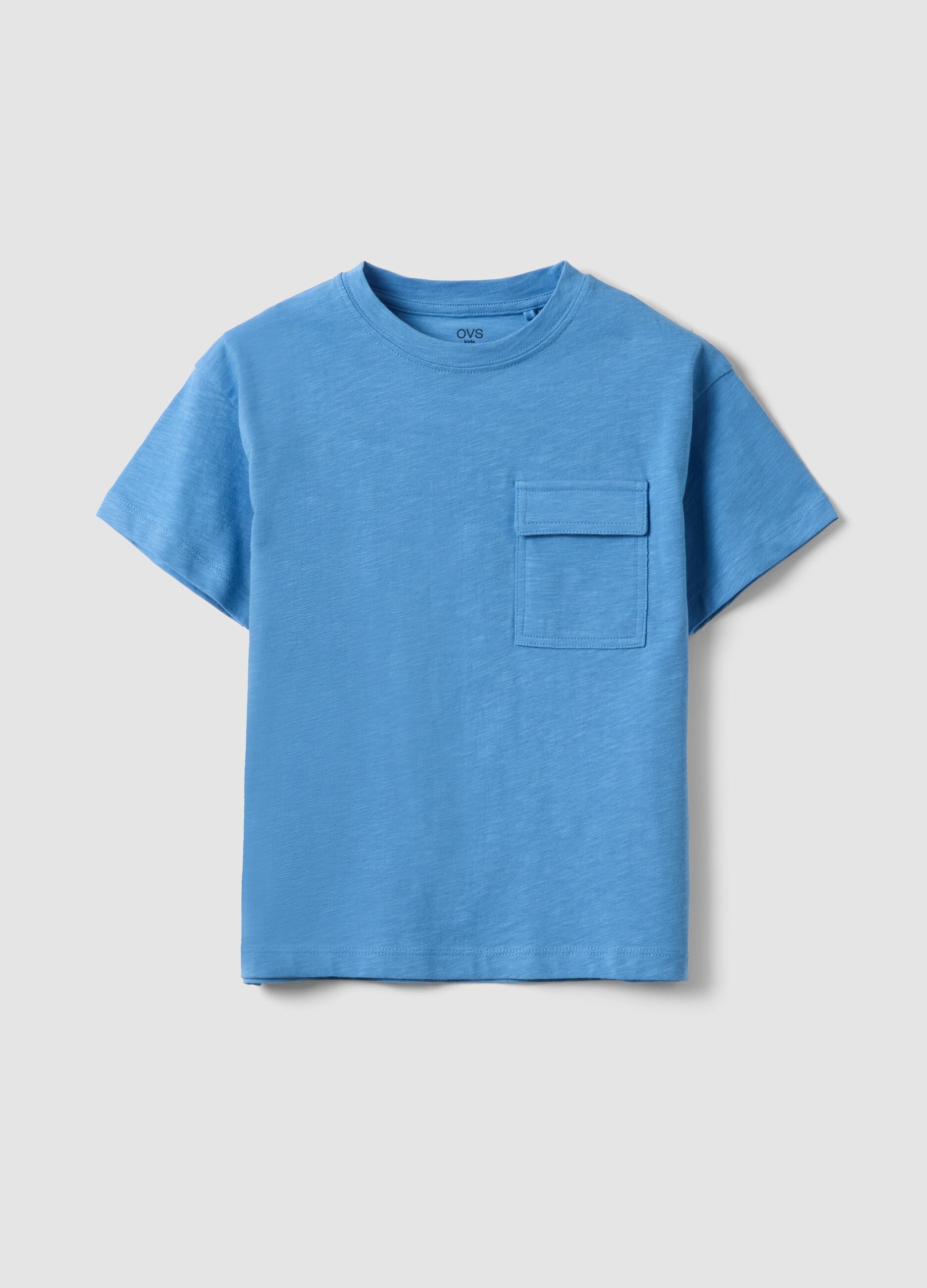 Children's sky blue pure cotton T-shirt, regular fit with pocket
