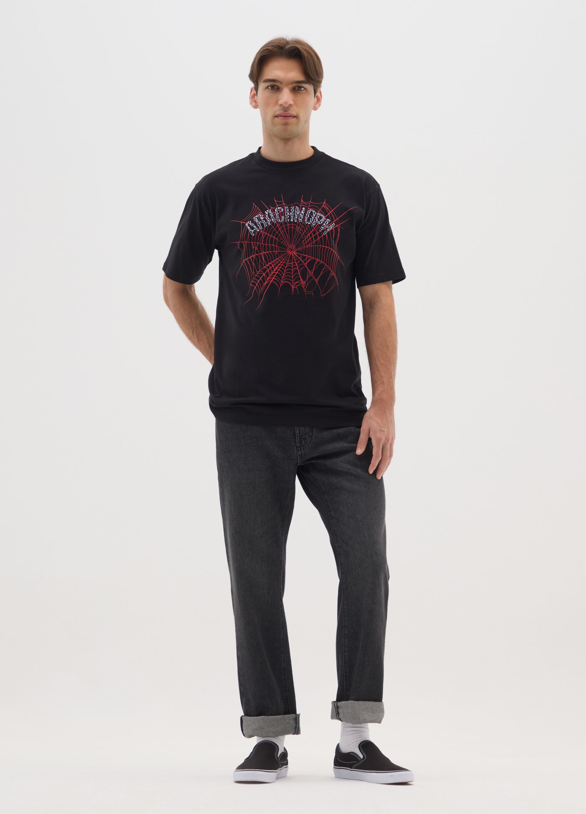 Pure black cotton t-shirt with spider print
