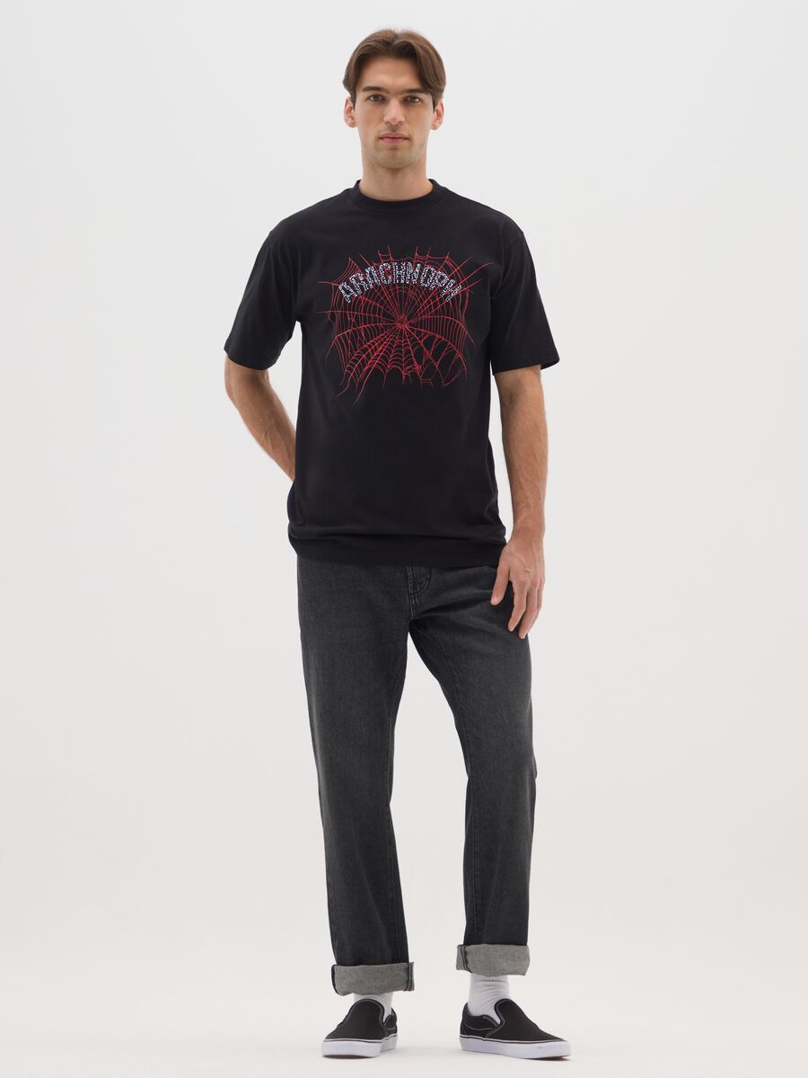 Pure black cotton t-shirt with spider print_1