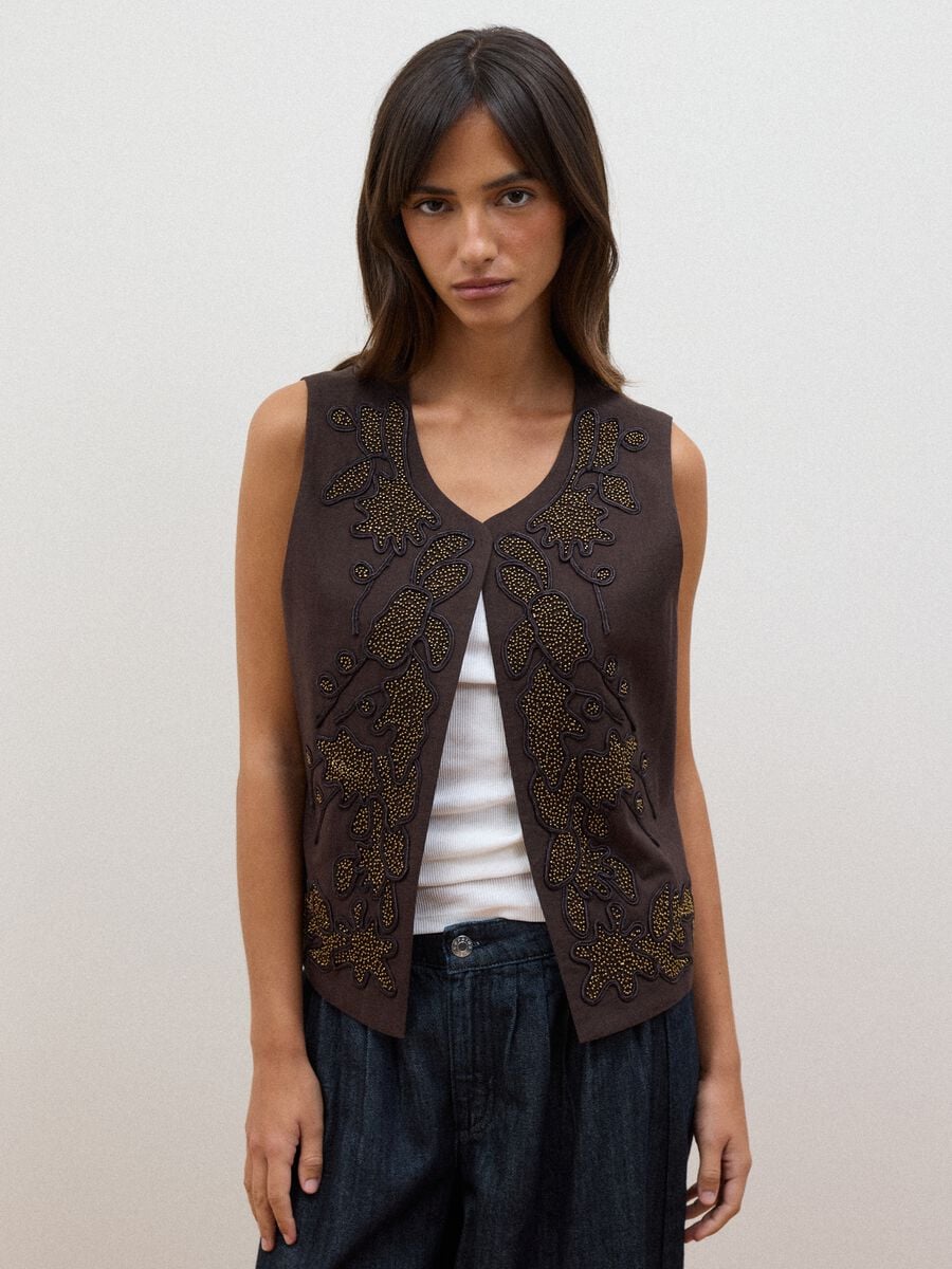 Brown cotton-linen blend waistcoat with floral embroidery_1