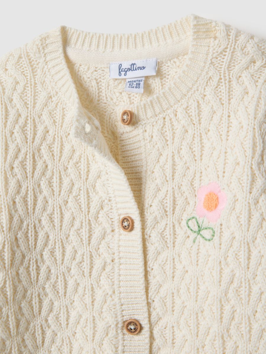 Girls' beige pure cotton cardigan with regular fit and embroidery_2