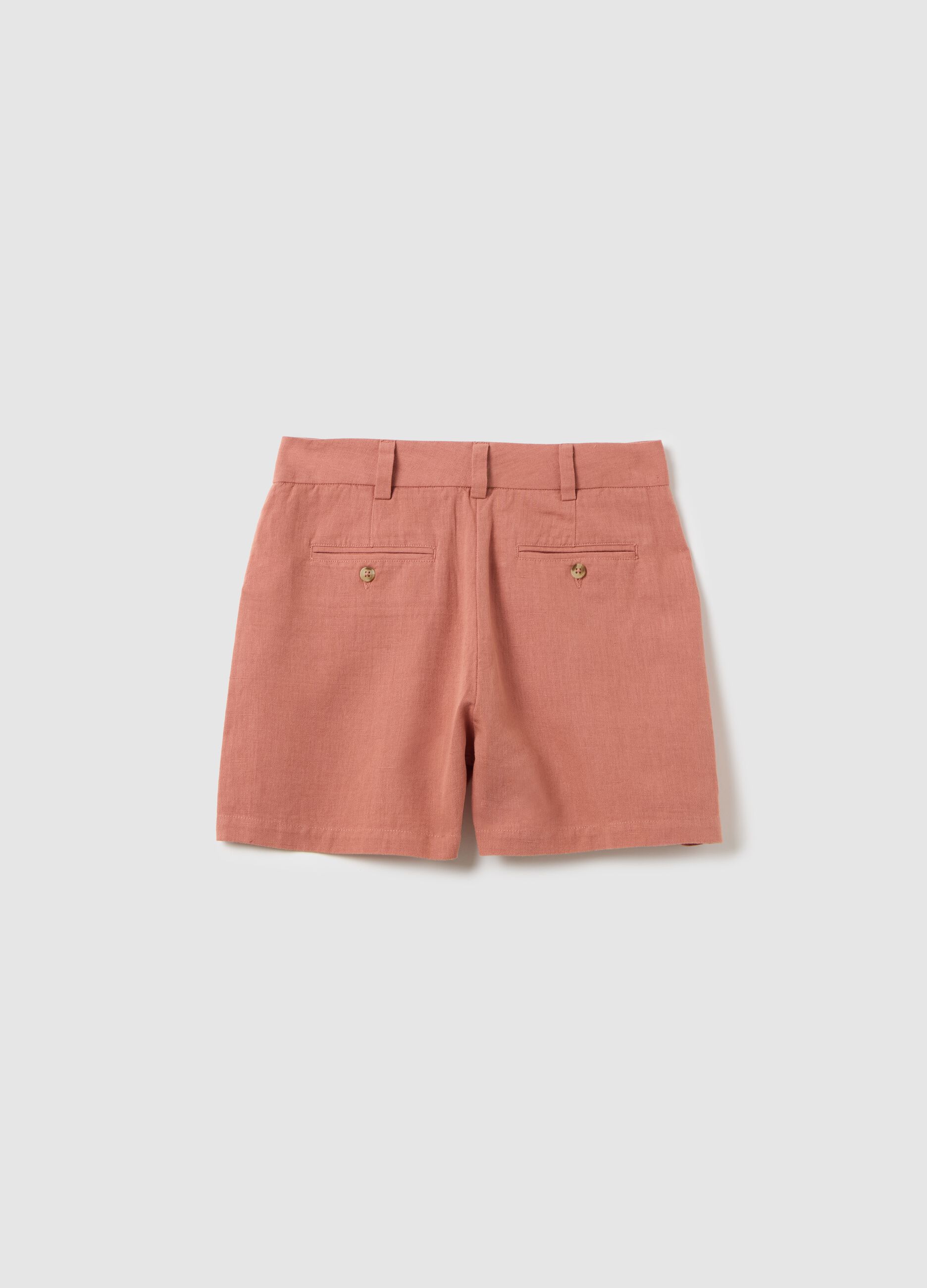 Girls' brown regular fit cotton and linen blend shorts with pockets