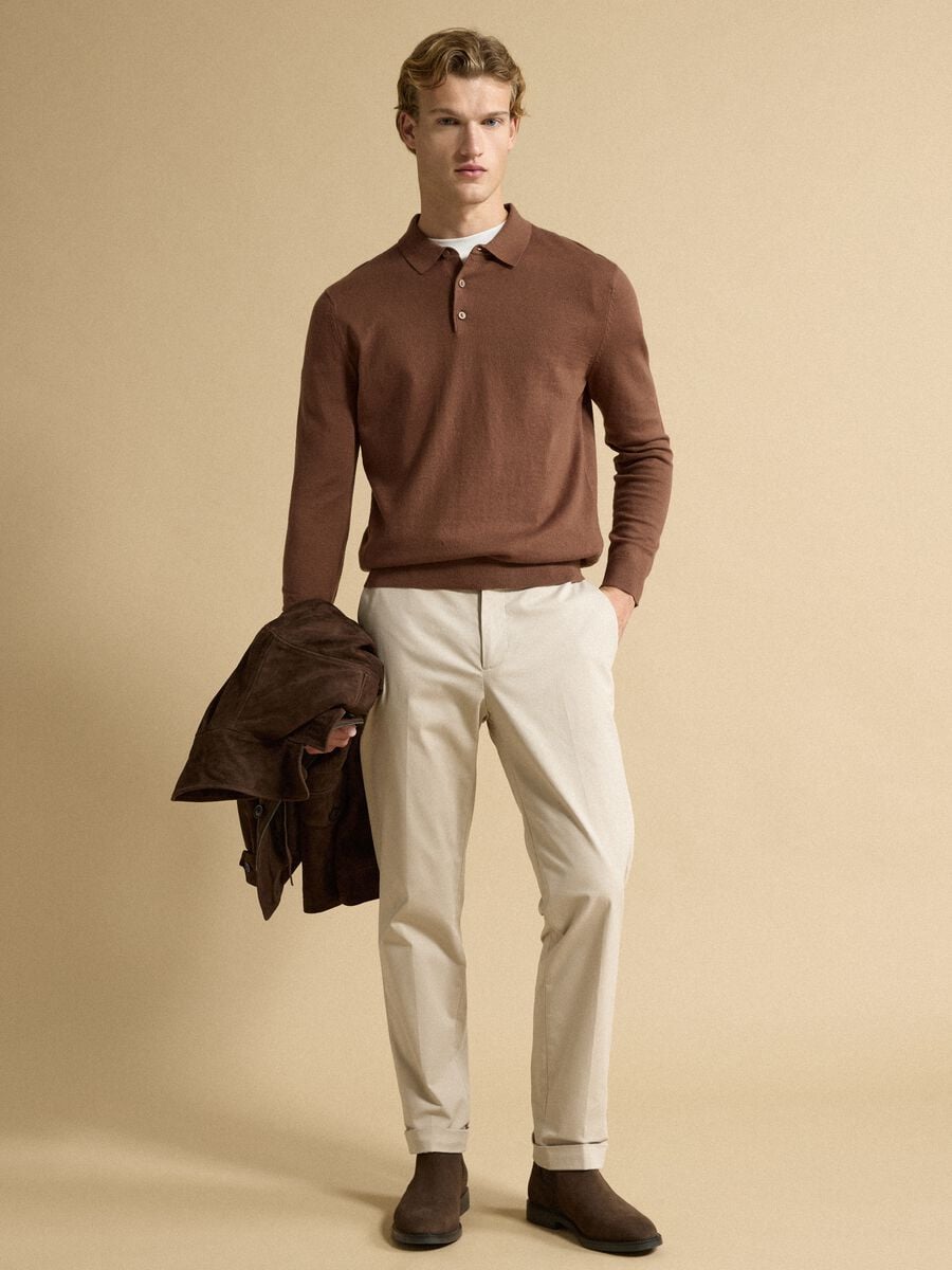 Polo marrone in misto cotone e cashmere a maniche lunghe regular fit_1