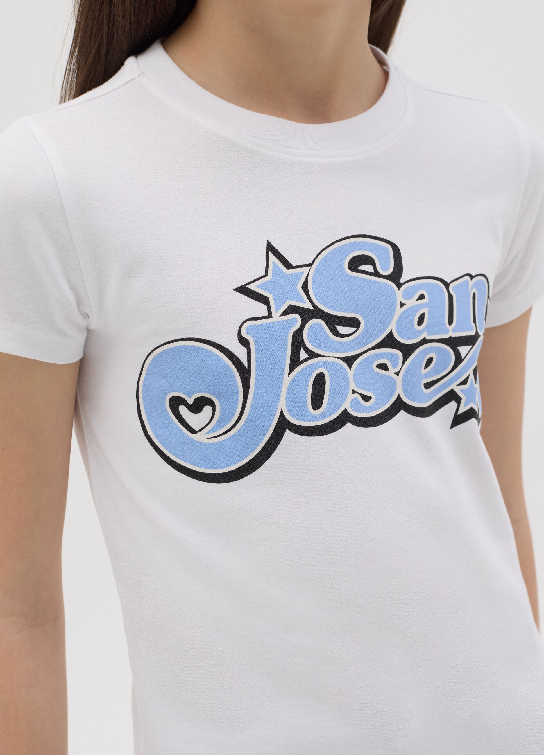 White stretch cotton T-shirt with print