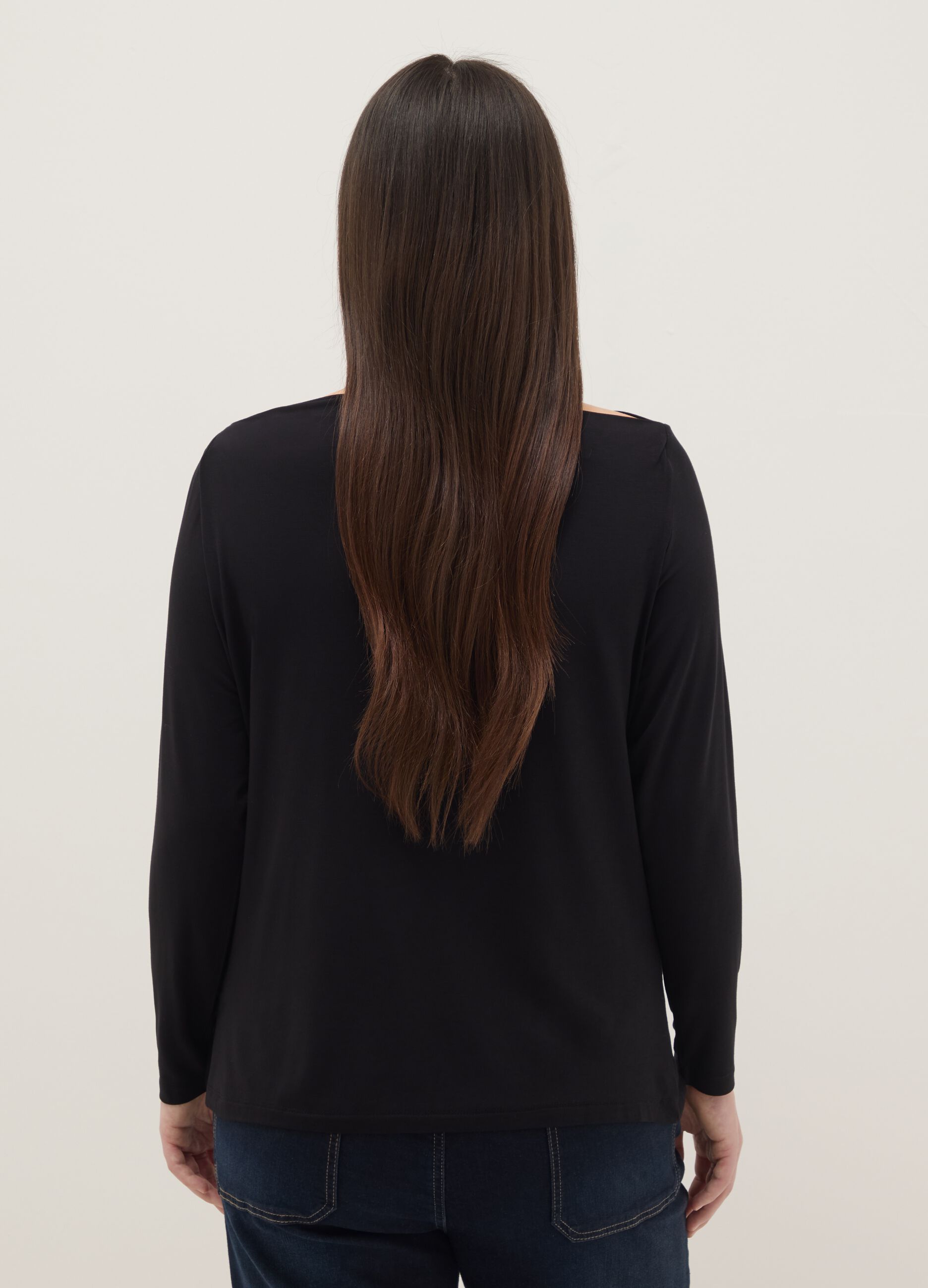 Black stretch viscose long sleeve top with boat neckline and regular fit