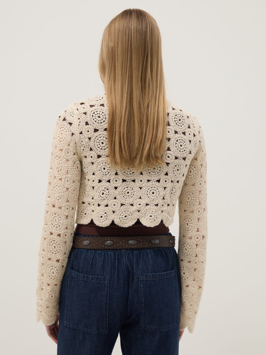 Beige cotton-blend regular-fit cardigan with openwork design_3