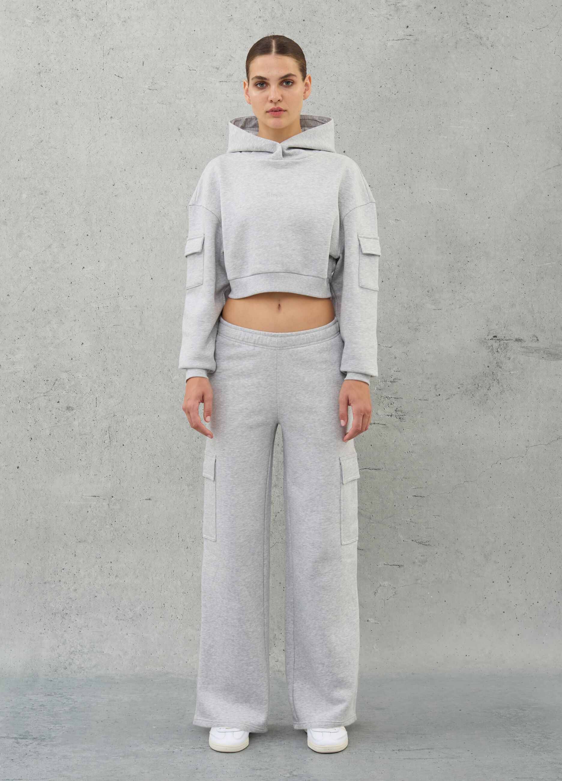 Crop Cargo Hoodie Grey Mélange