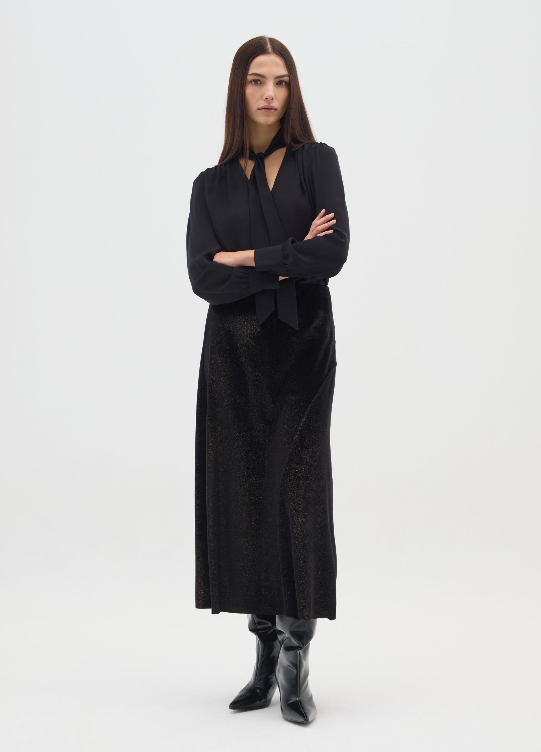 Black Velour Regular Fit Long Skirt
