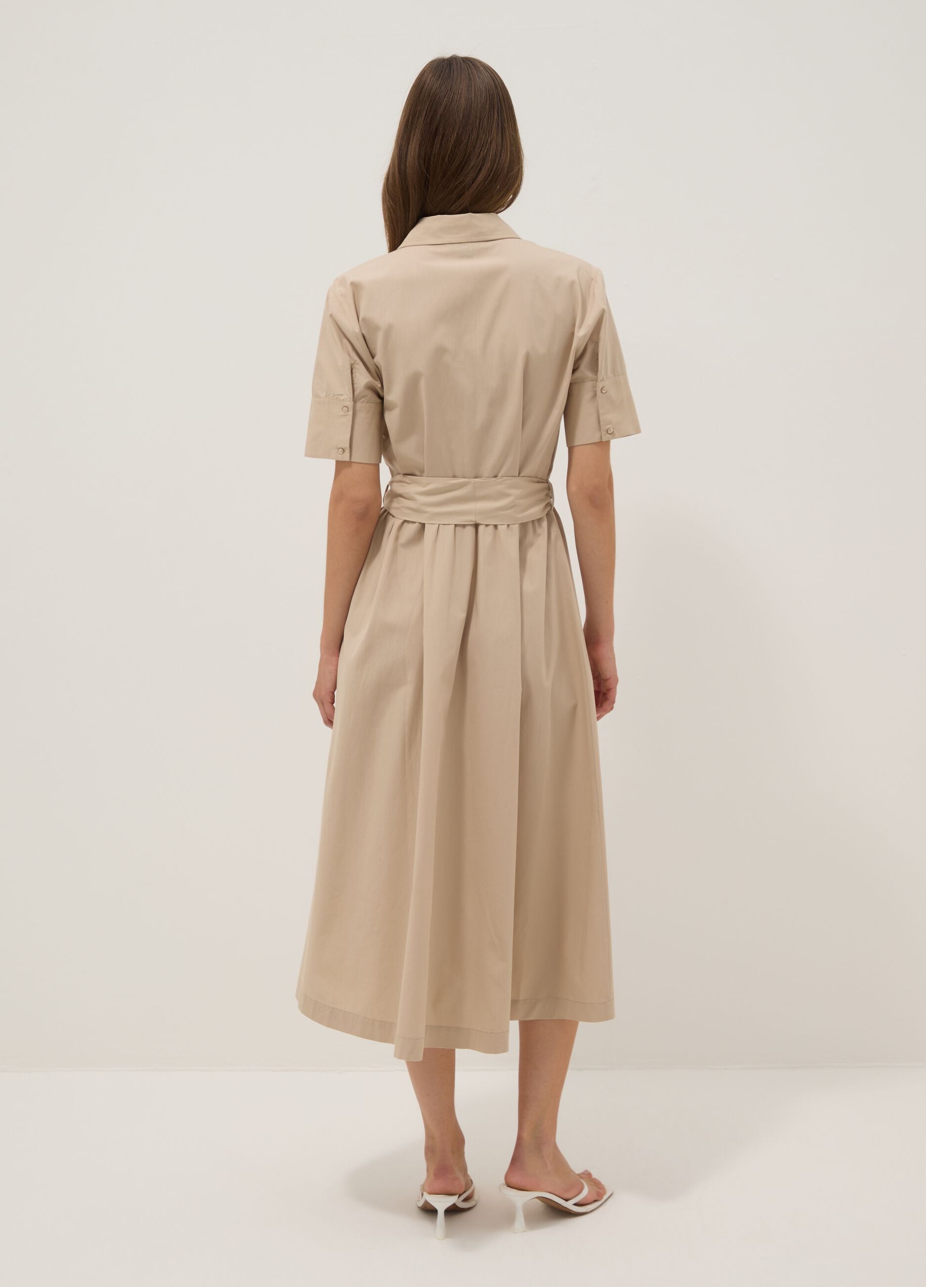 Beige pure cotton shirt dress with belt, regular fit