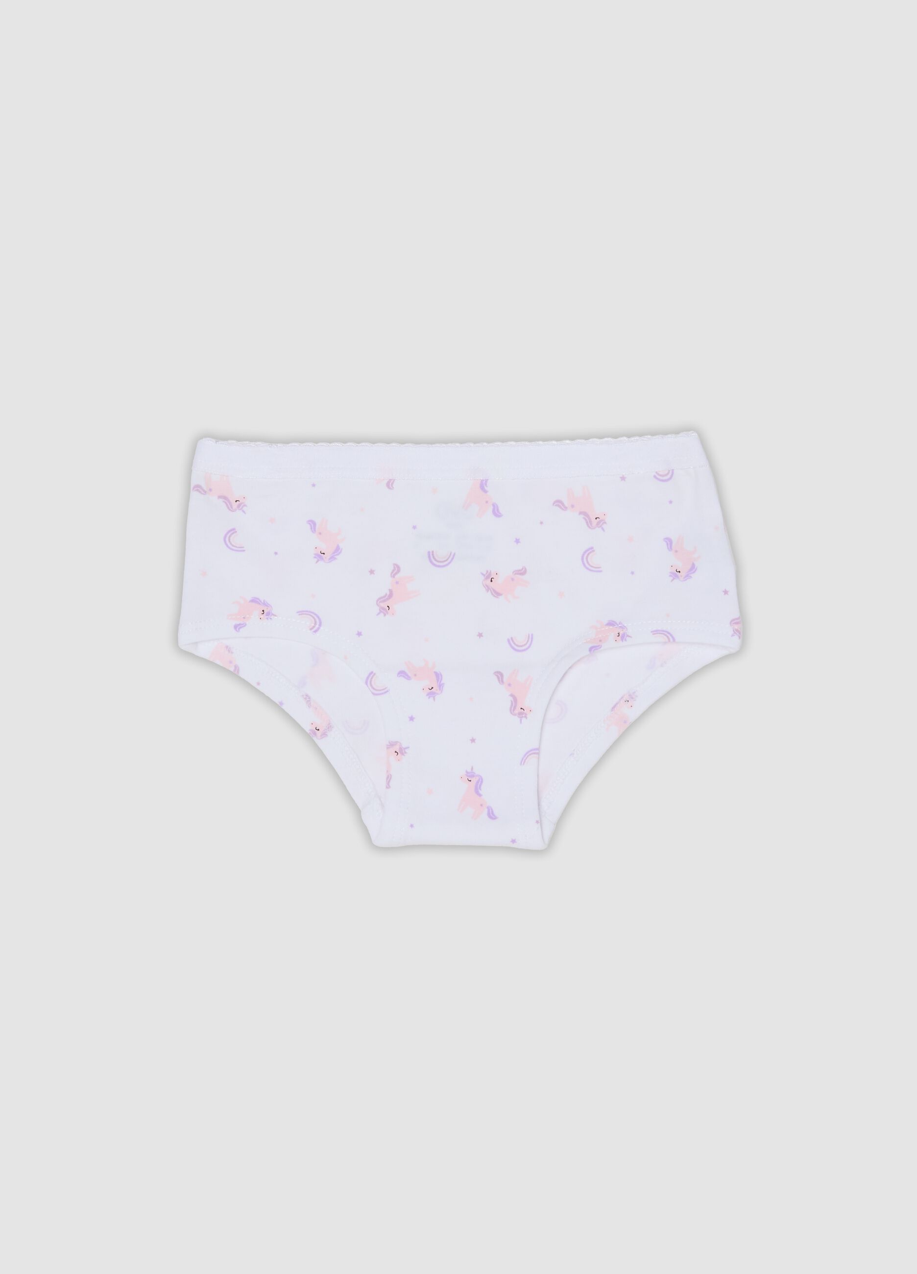 White stretch organic cotton culotte briefs with unicorn print