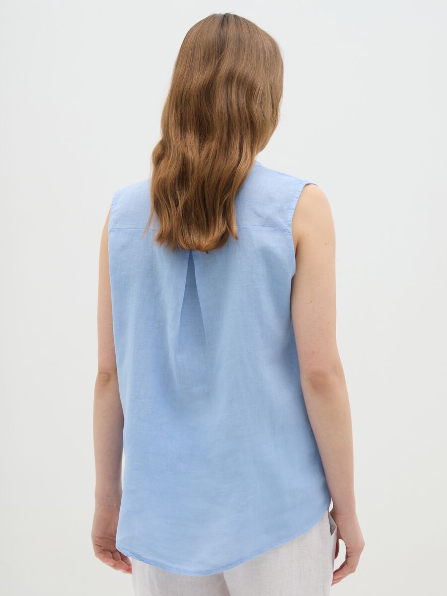 Women's Sleeveless Linen Blue Shirt Regular Fit_3