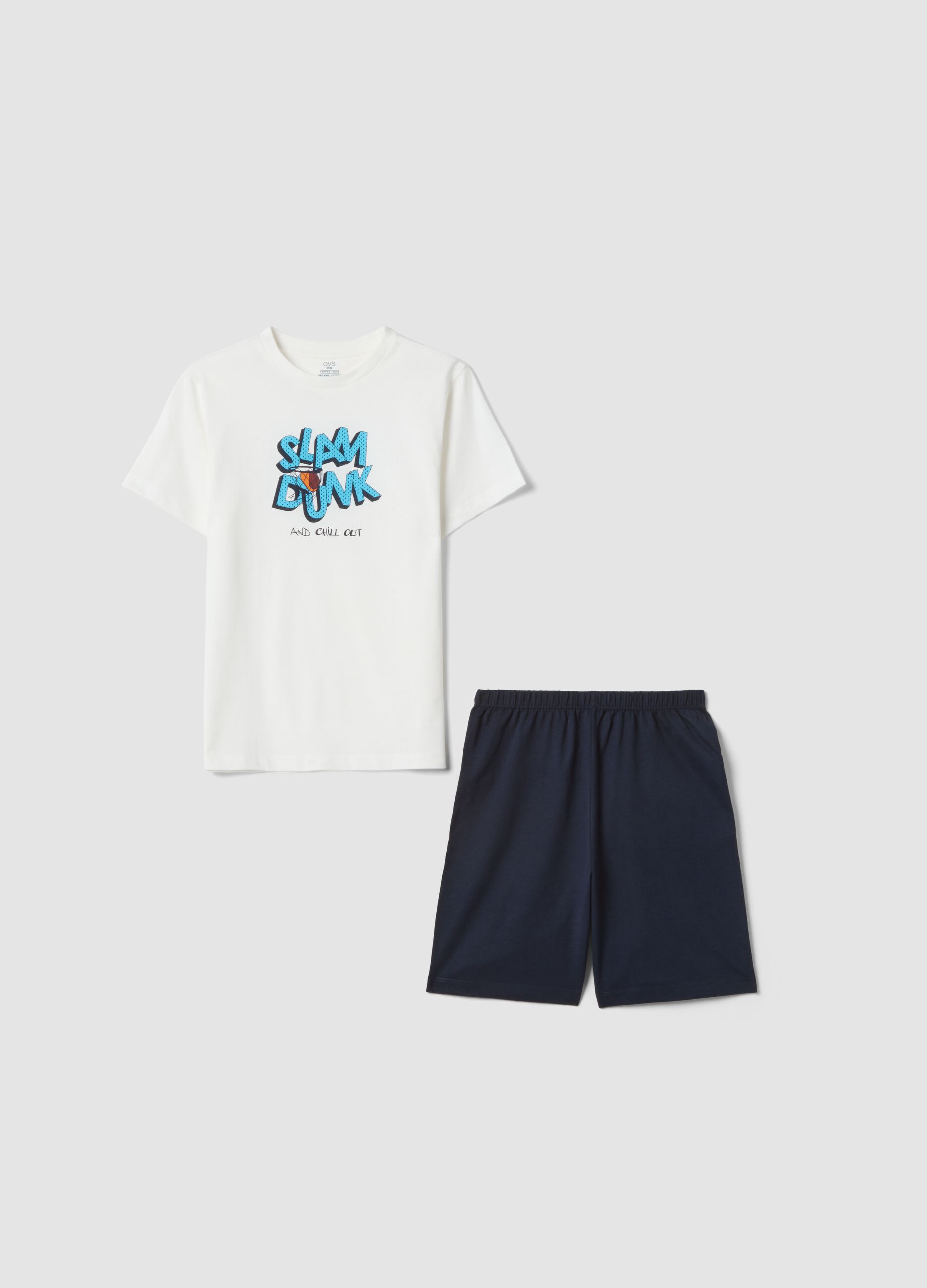 White pure cotton boys&rsquo; pyjamas with blue shorts